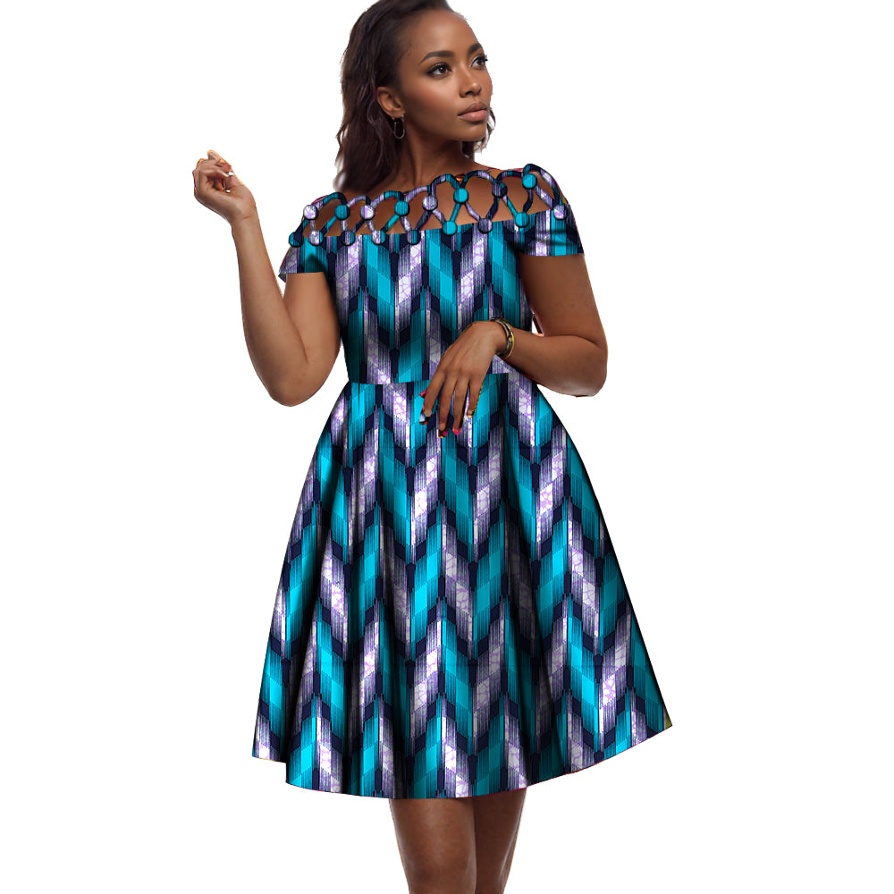 African Print Cotton Rope Button Cutout Off-Shoulder Midi Dress – Elegant Ankara Fit-and-Flare Dress for Black Women