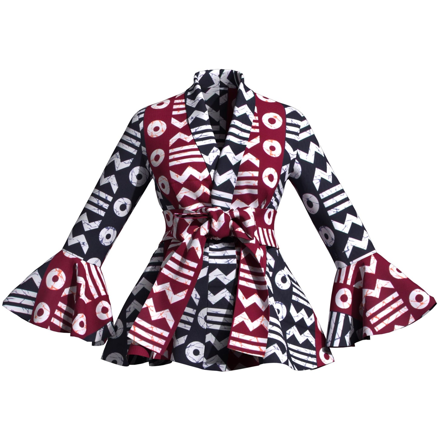 Ladies Vibrant Ethnic Geometric Print Stand Collar Bell Sleeve Peplum Top With Coordinating Waist Tie