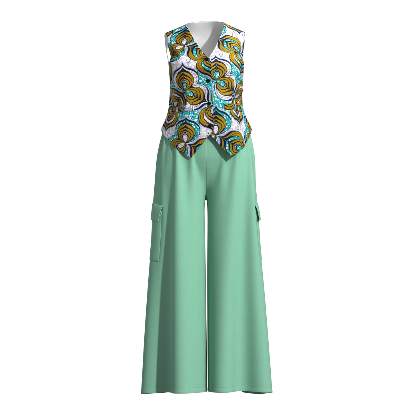 Ankara Print V-Neck Vest and Cargo Pocket Wide Leg Pants Set