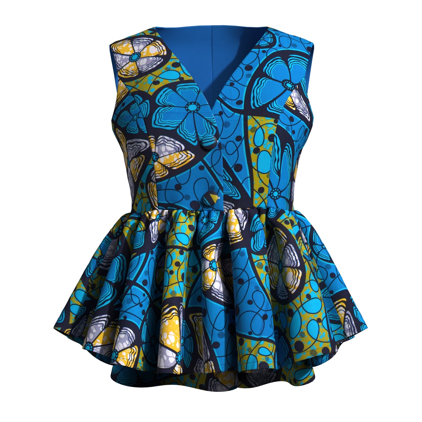 Handmade African Wax Print Sleeveless Peplum Blouse with Ruffle Detail