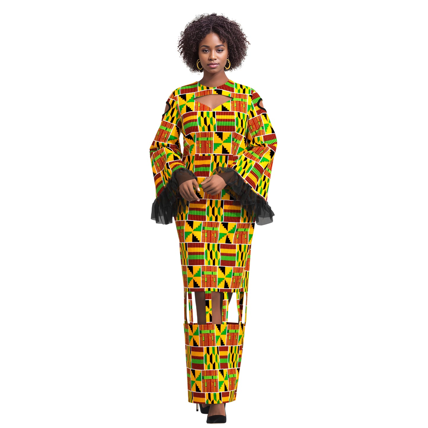 African Ankara Print Cutout Maxi Dress with Sheer Ruffle Cuffs