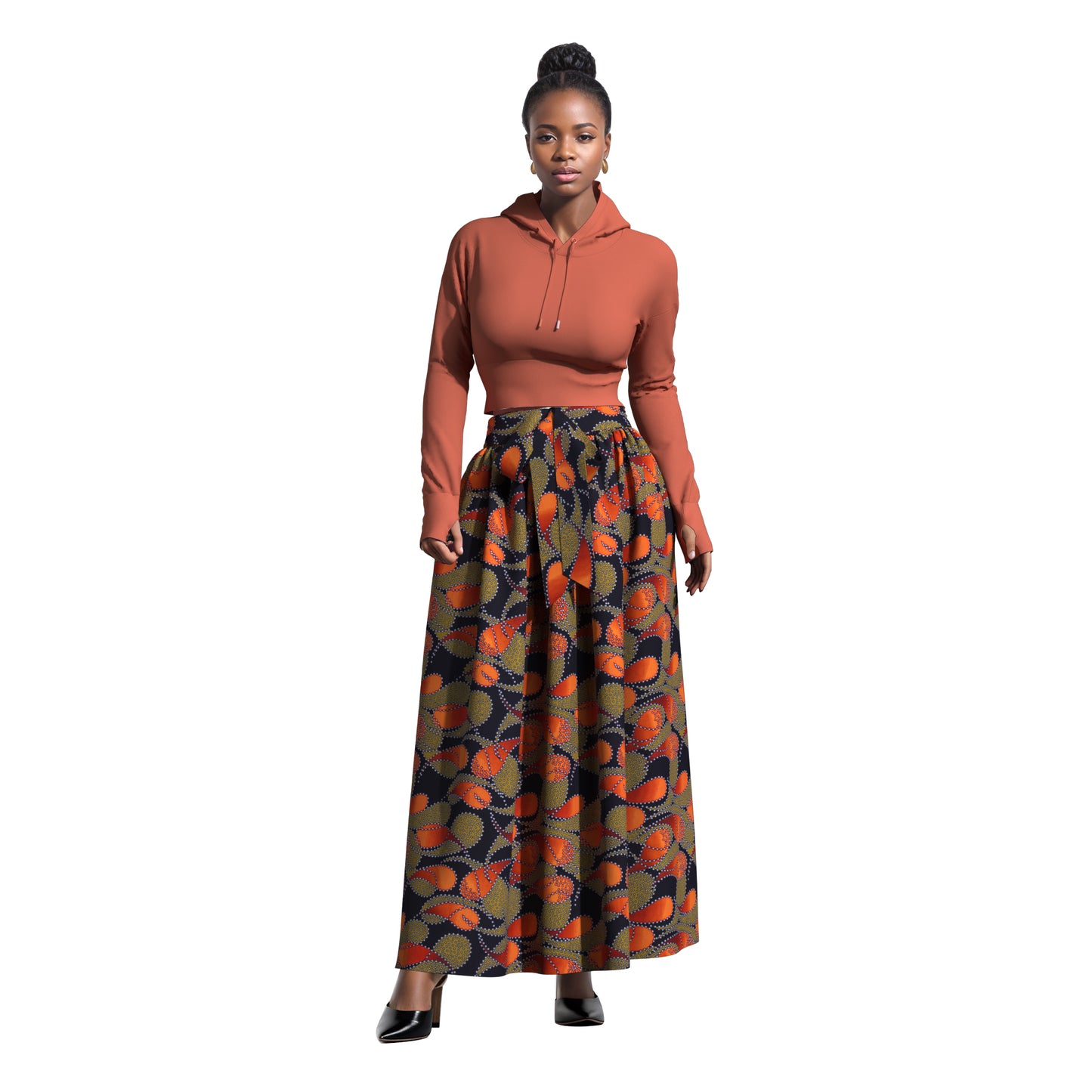 African Print Elastic Waist A-Line Skirt with Matching Belt
