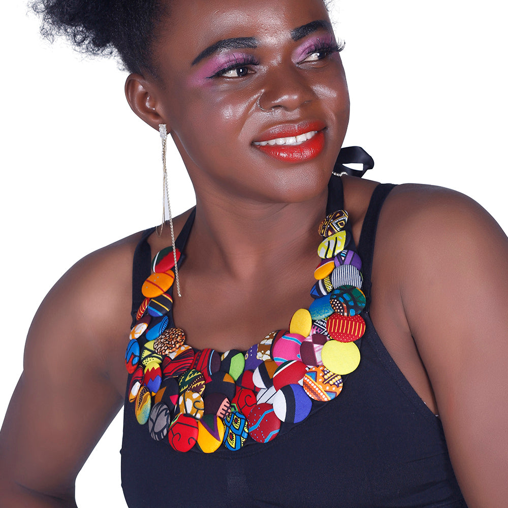 Handcrafted African Wax Print Button Cluster Necklace