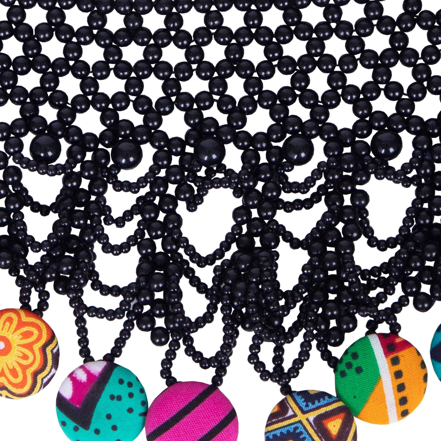 Hand Woven Black Mesh Bead Collar Necklace Colorful African Fabric Cover Disc Statement Fashion Accessories