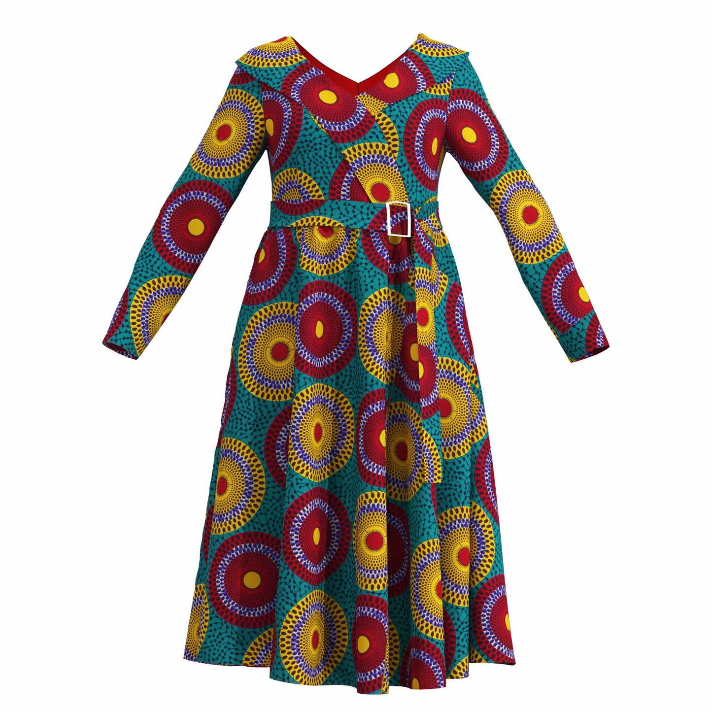 V-Neck Long Sleeve African Print Midi Dress with Tie Waist Belt