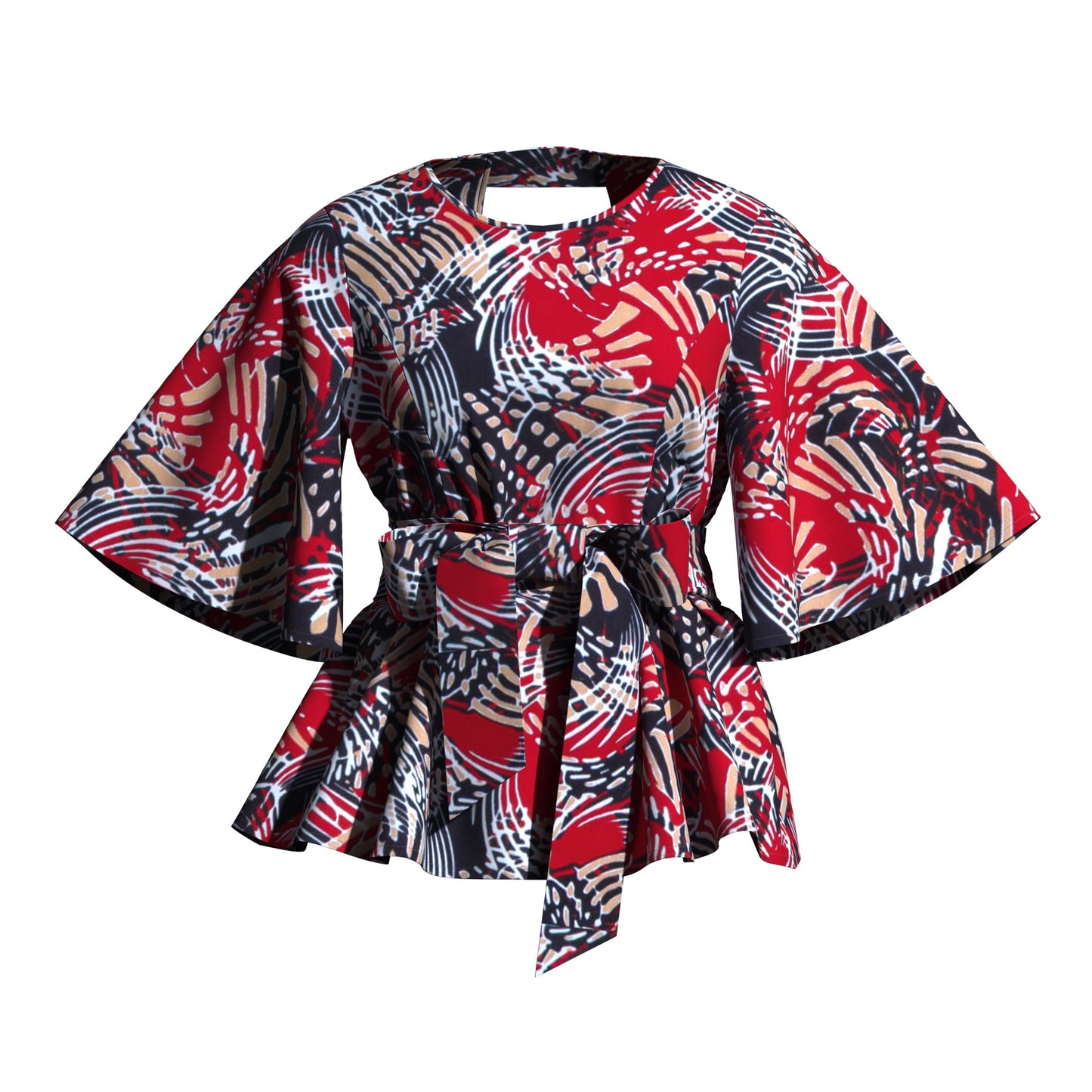 African Print Flare Sleeve Peplum Blouse with Waist Sash