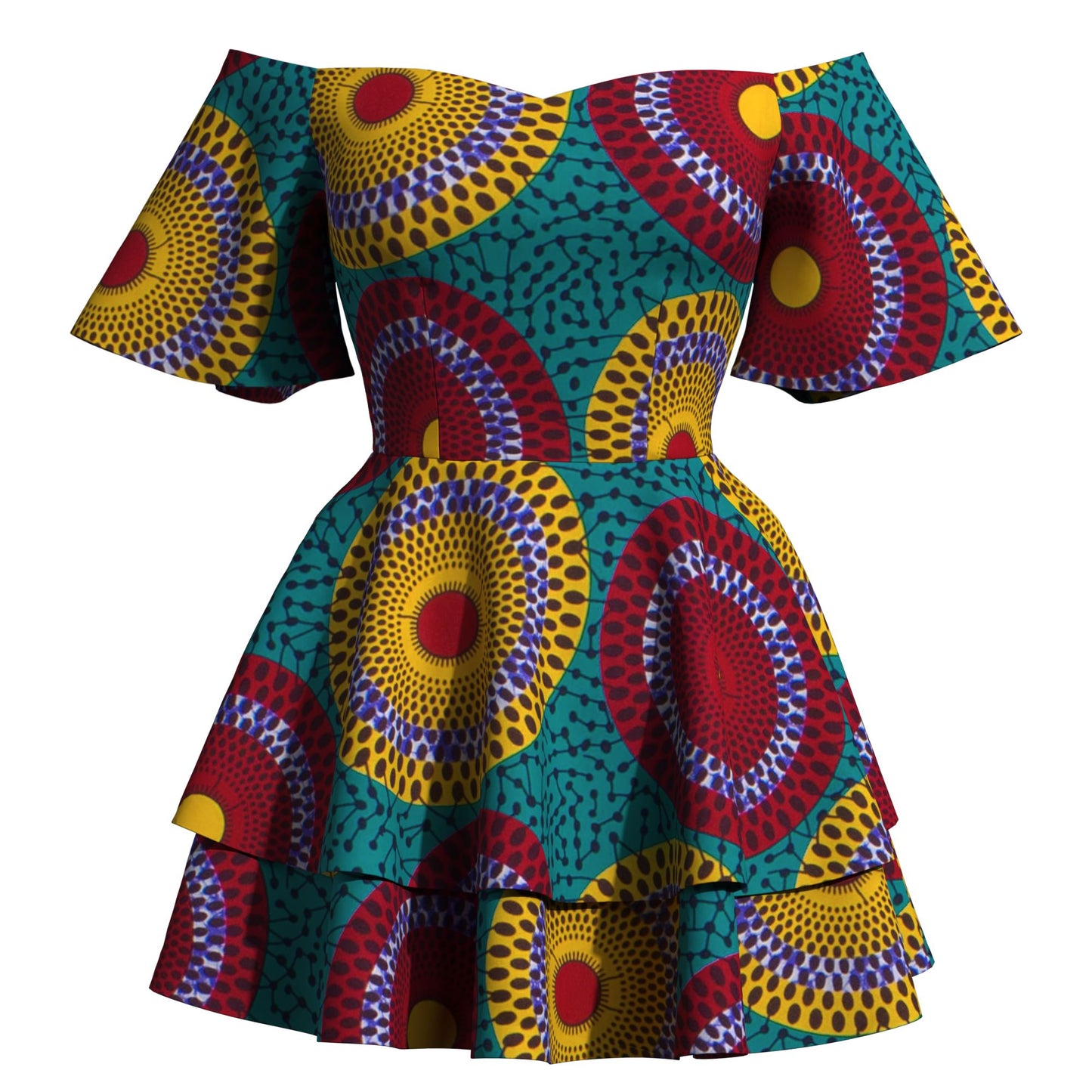 African Print Flowy Off-Shoulder Tiered Mini Dress for Women