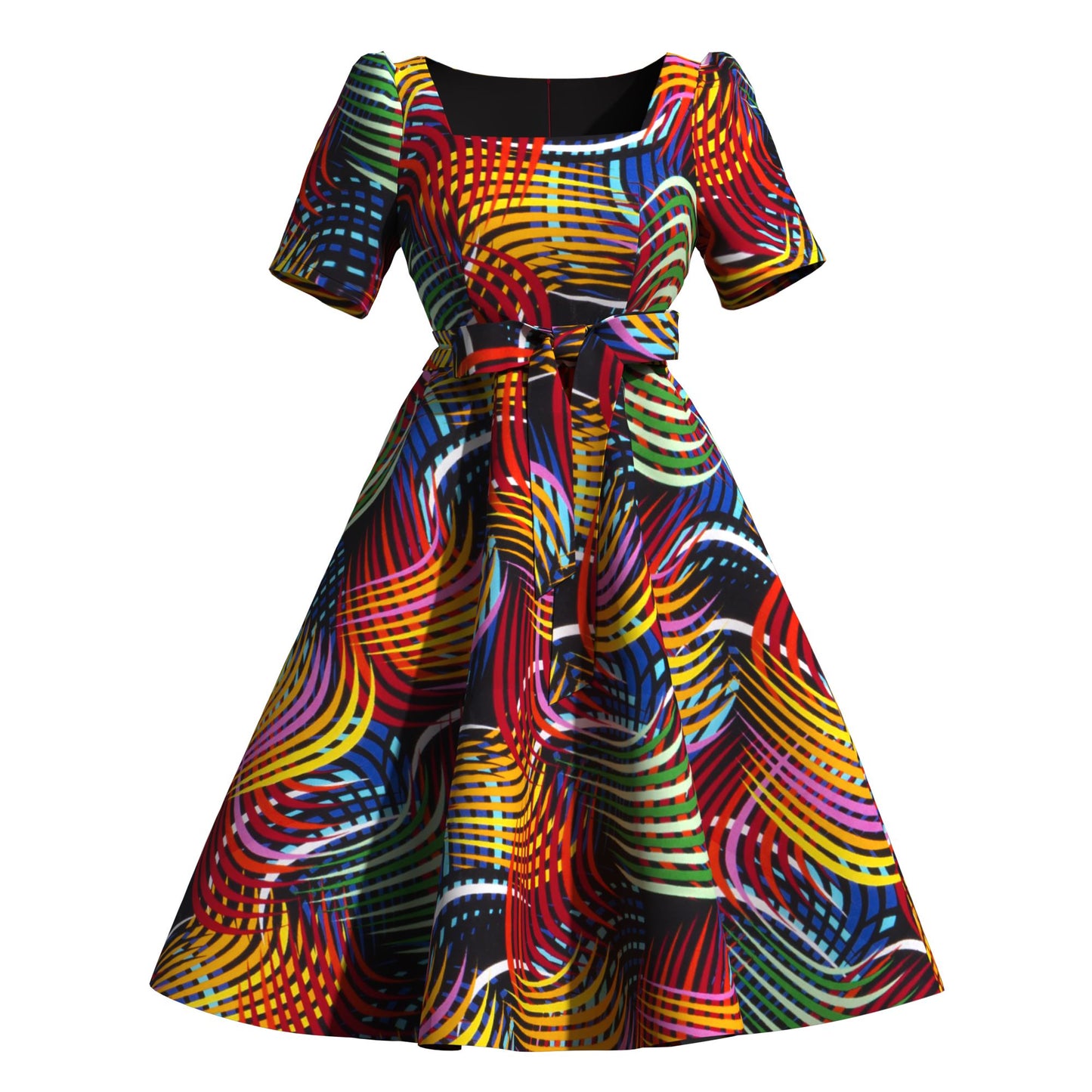 Women's African Print Midi Dress Short Sleeve & Belted Waist A-Line Ankara Fashion Dress