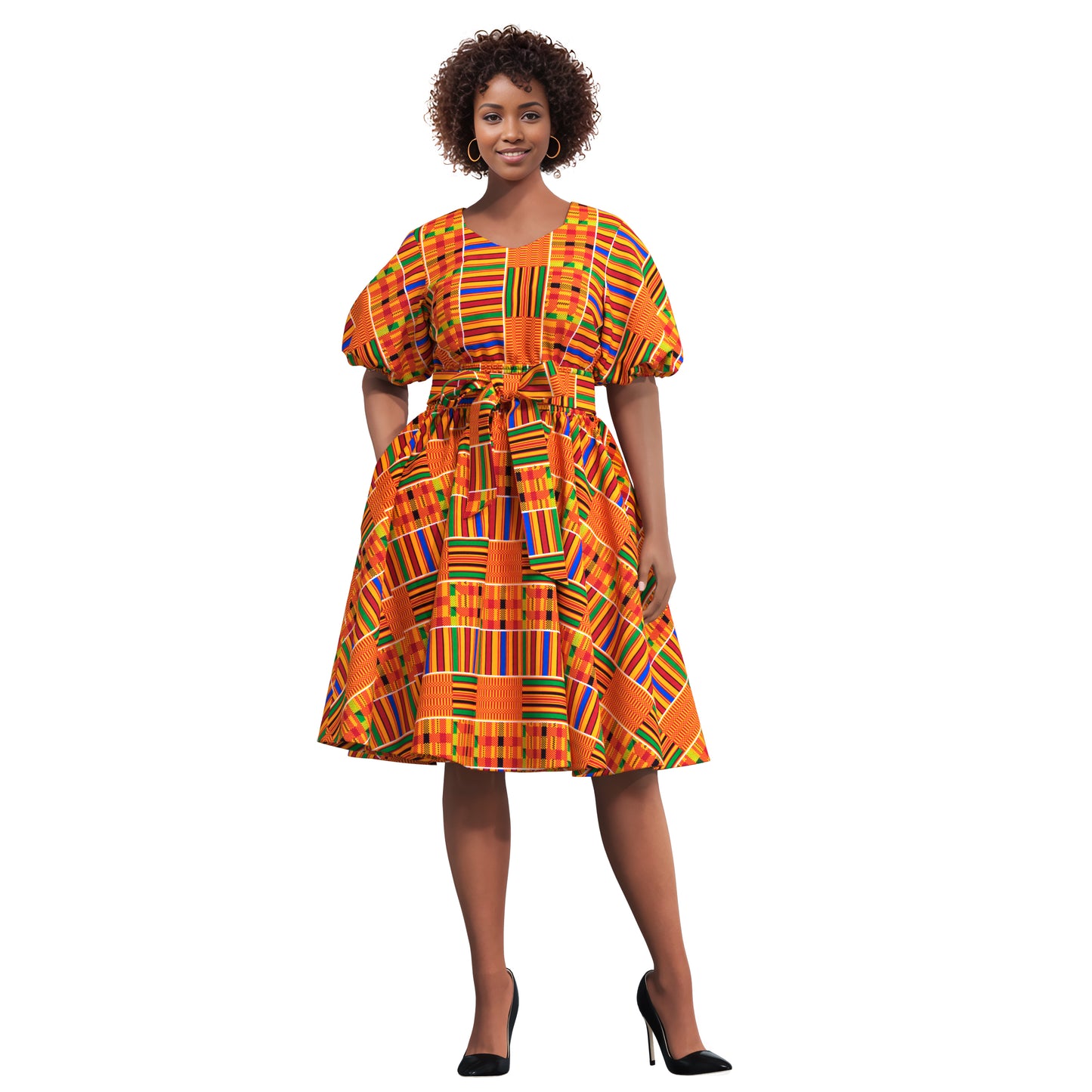African Print Smocked Waist A-Line Midi Dress with Belt