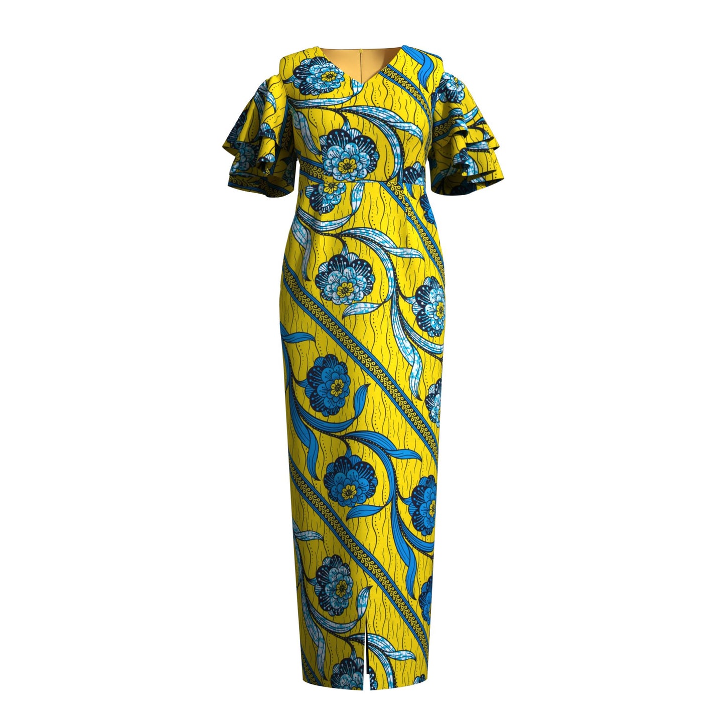 African Print Cold Shoulder Maxi Dress with Ruffle Sleeves