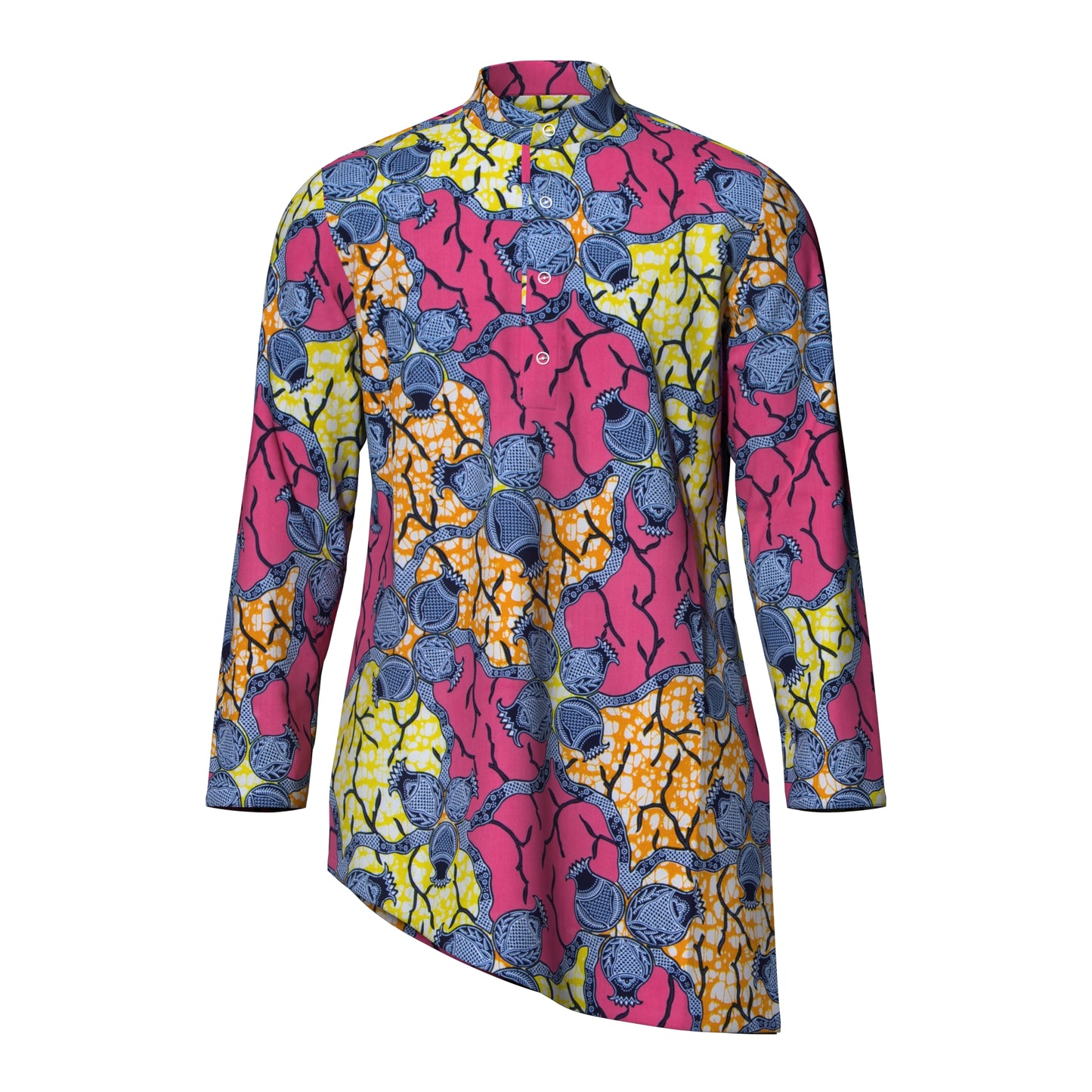 Ankara Print Men’s Mandarin Collar Asymmetric Hem Shirt