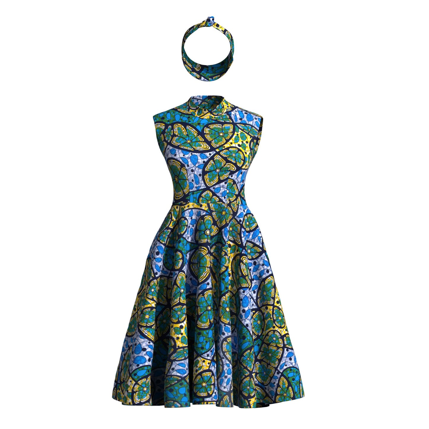 Ankara Print High Neck Sleeveless Midi Dress with Headband