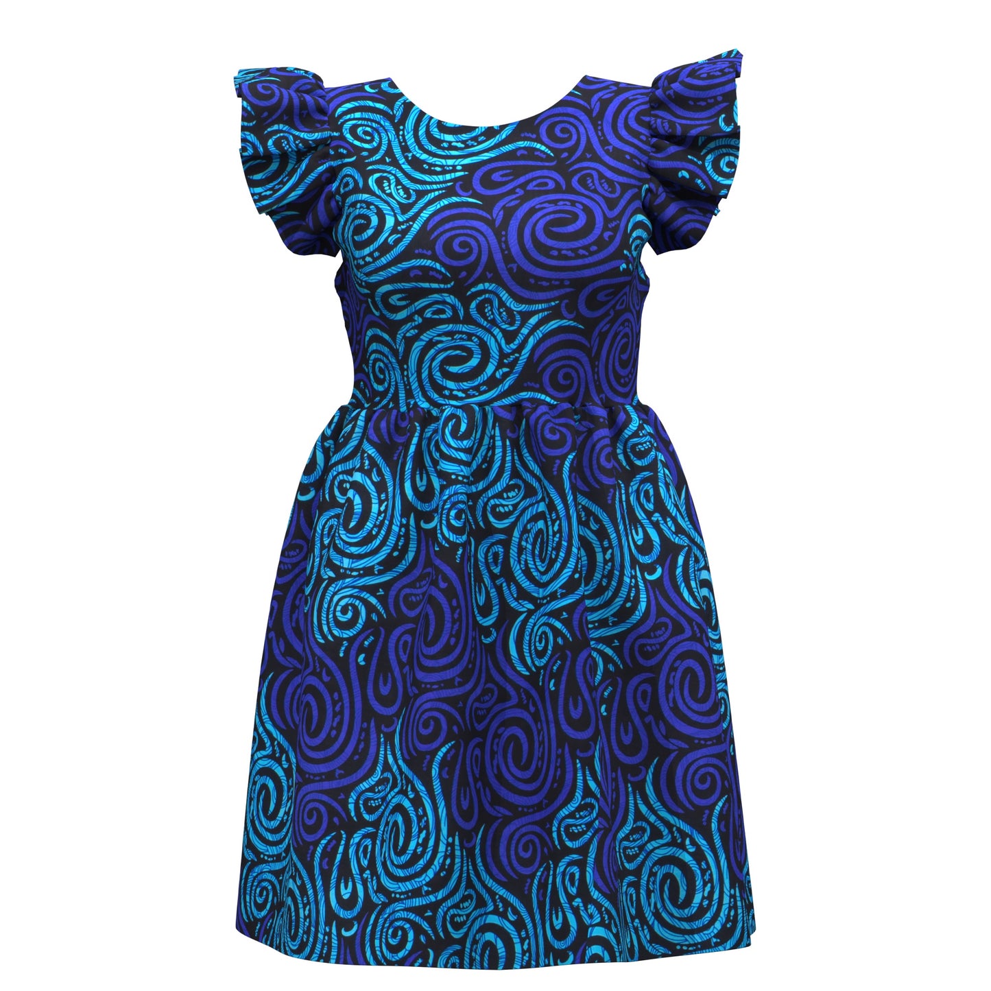African Print Pleated Sleeve Tie-Back Backless Dress