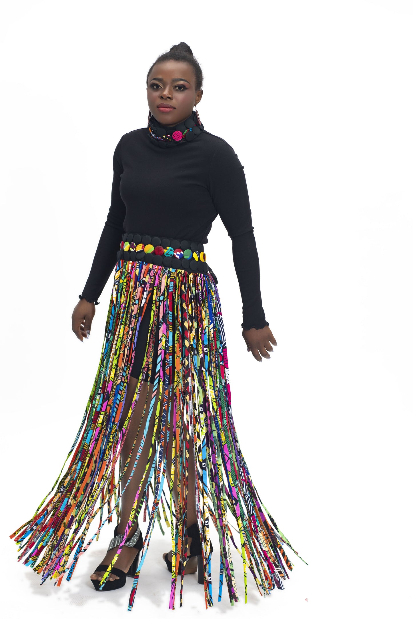 2-in-1 African Wax Print Fringe Tassel Wrap Skirt & Collar
