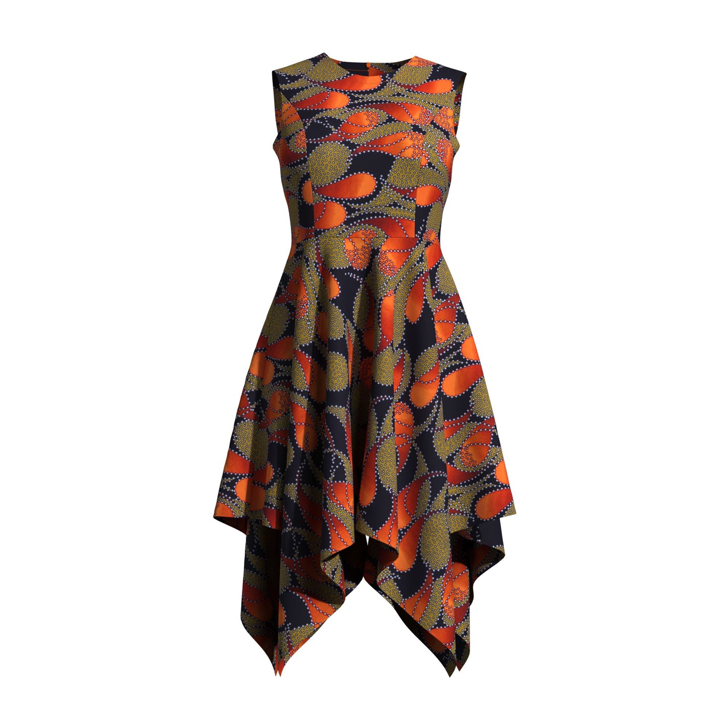 Sleeveless African Print Fit-and-Flare Dress with Asymmetrical Hem