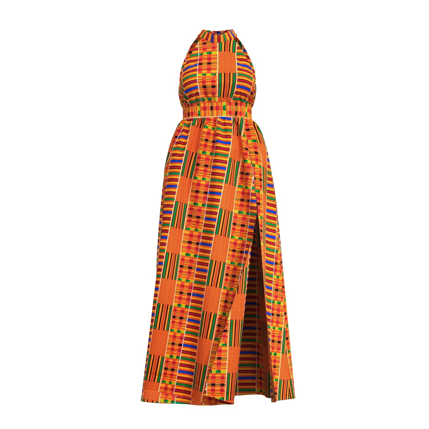 Ladies African Fabric Halter Maxi Dress With Back Bow & Side Split