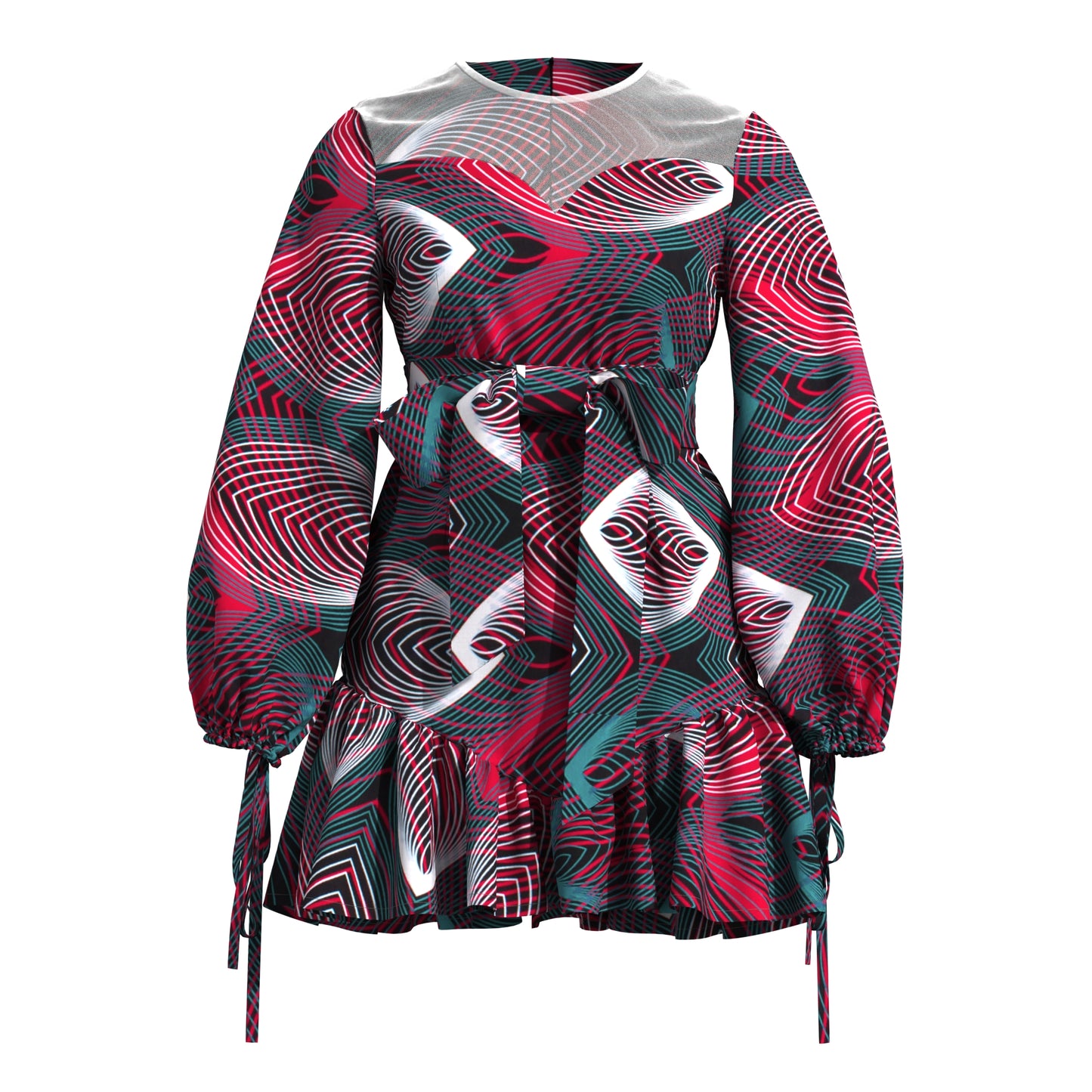 Sheer Mesh Neck African Print Belted Mini Dress
