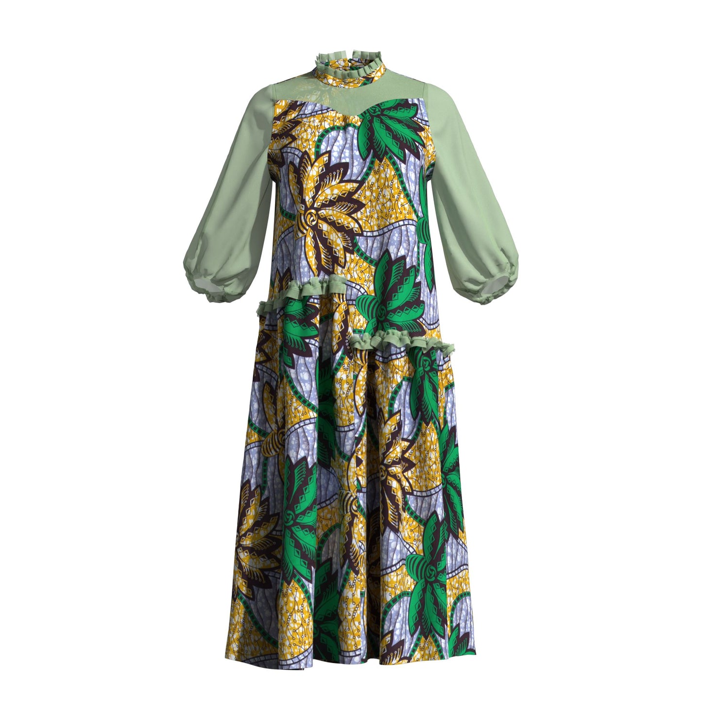 African Fabric Sheer Mesh Ruffle Collar Tiered Swing Midi Dress