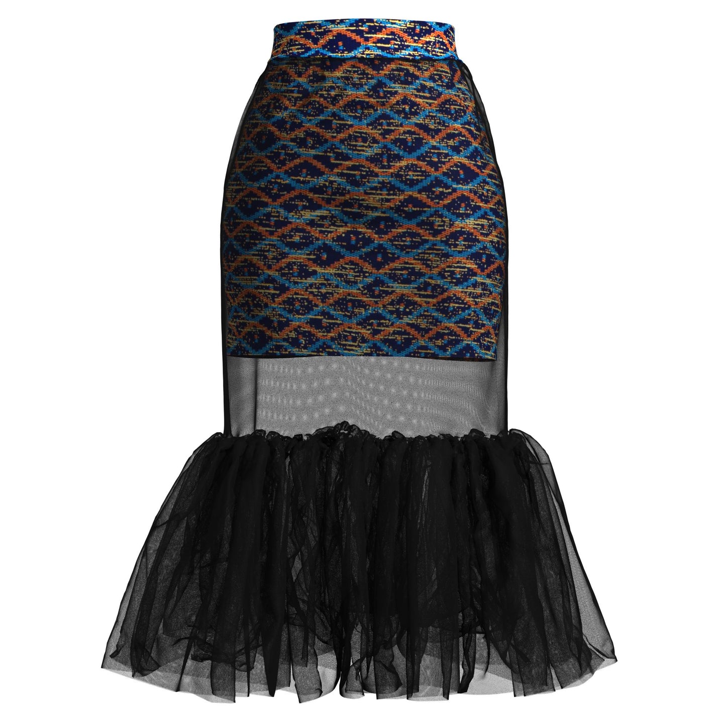 African Print Mesh Overlay Mermaid Midi Skirt
