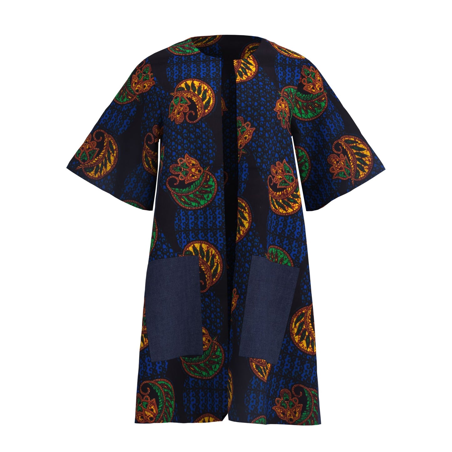 Women's African Print Long Kimono Jacket No-Button Loose Fit with Pockets Ankara Fashion Top