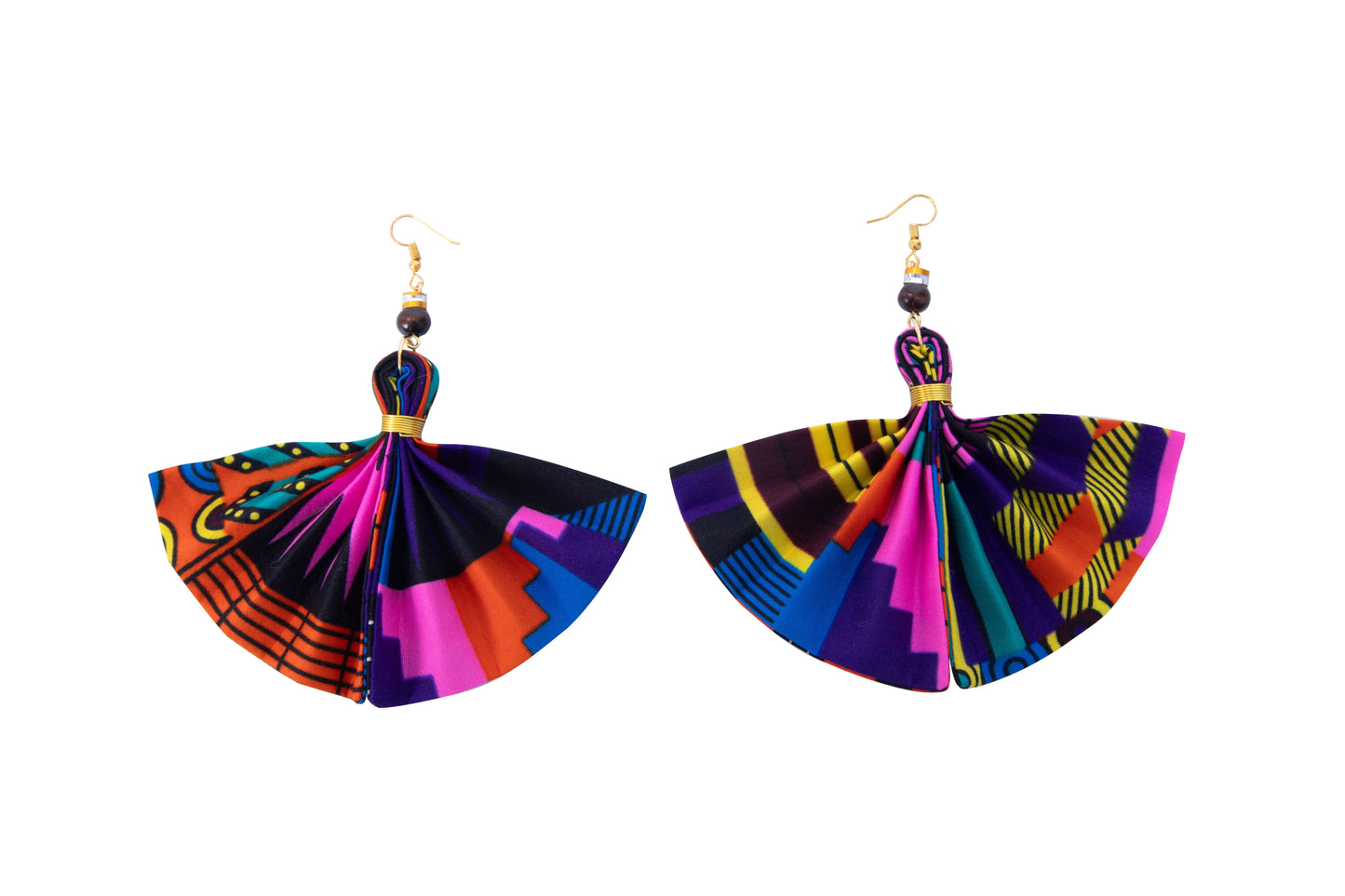 Handmade Fan Earrings with African Wax Print – Wire-Wrapped Cultural Dangle Earrings