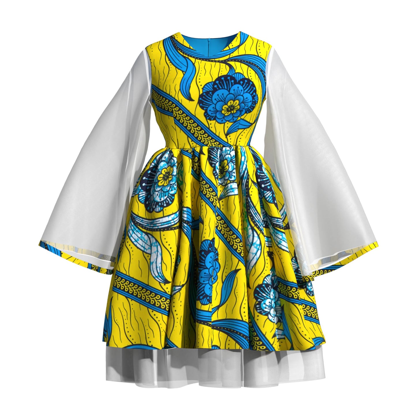 Ethnic African Floral Print Sheer Mesh Flare Sleeve Dress