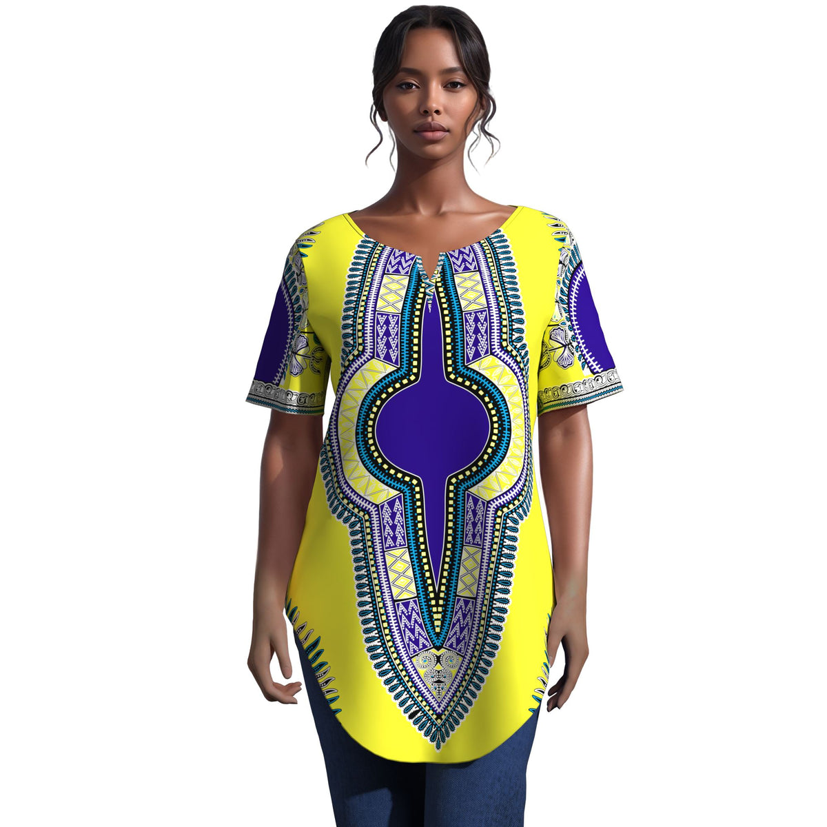 African JAVA Print Dashiki Tunic Top, Women Short Sleeve V‑Neck Curved Hem Loose Blouse WY10632