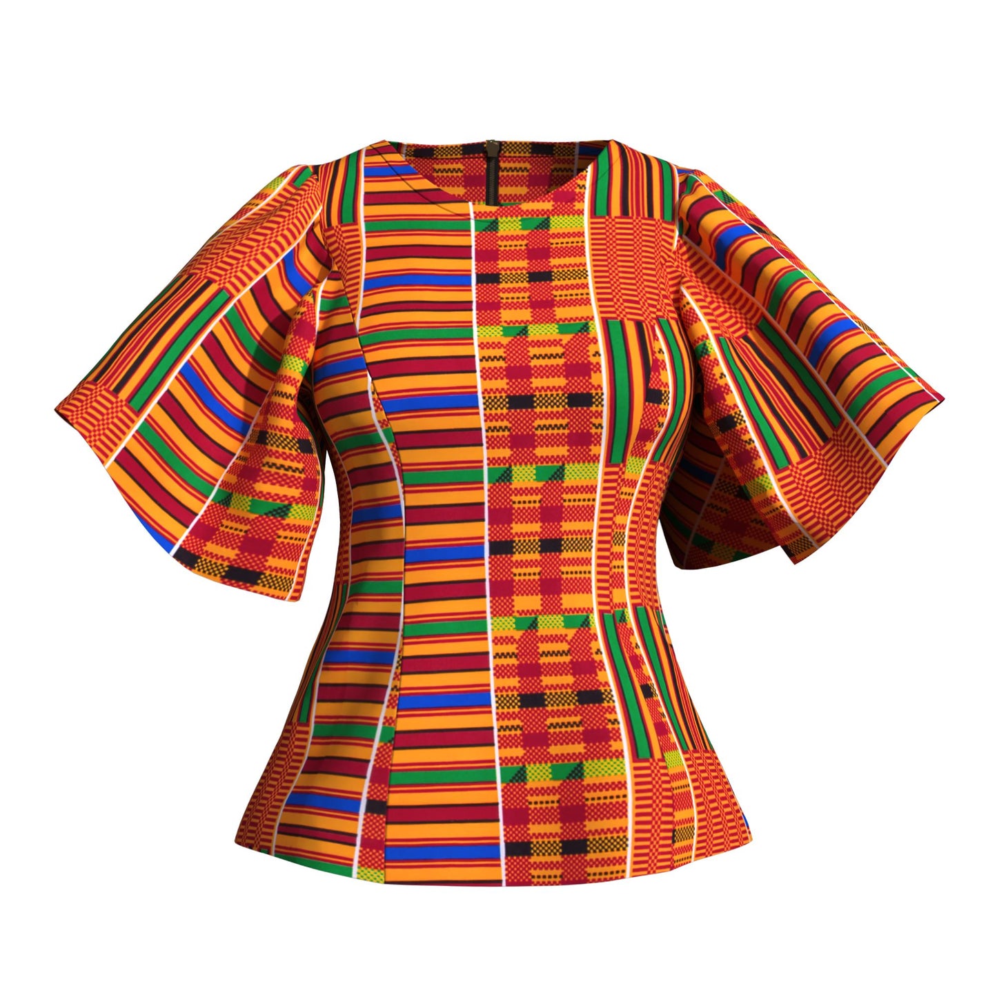 African Print Fitted Waist Flounce Sleeve Top