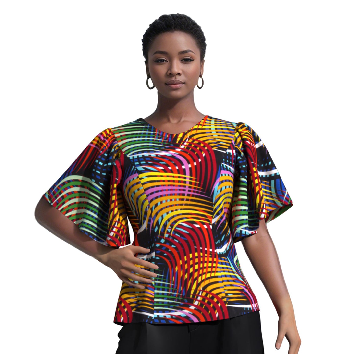 African Print Fitted Waist Flounce Sleeve Top