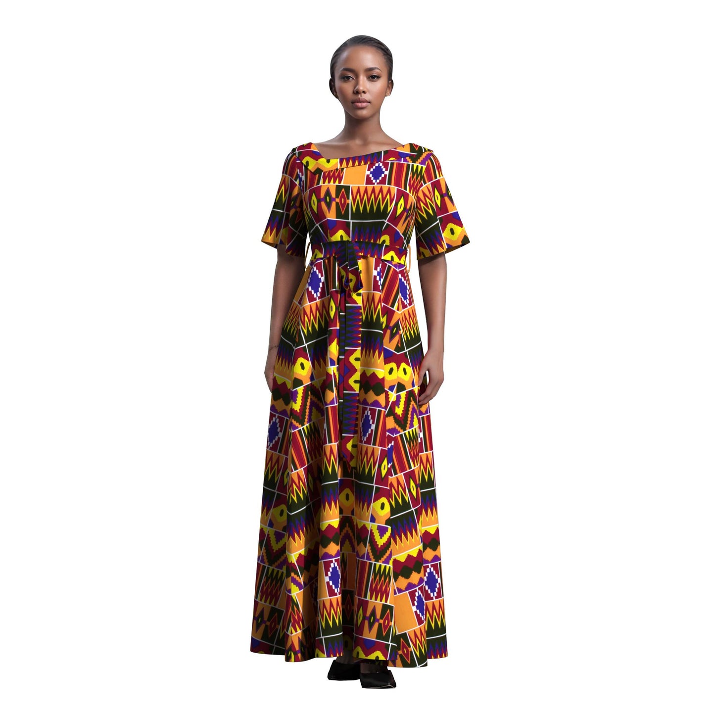 nkara Print Asymmetric Collar Short Sleeve Waist Tie Long Dress
