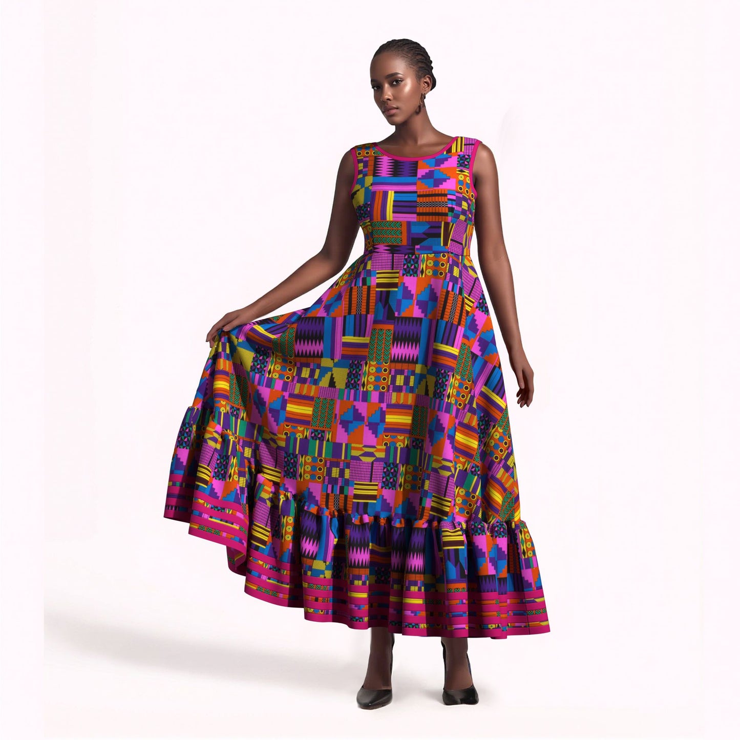 Women Ankara Wax Print Sleeveless Maxi Dress Ruffle Hem Strip Trim African Flared Long Occasion Gown