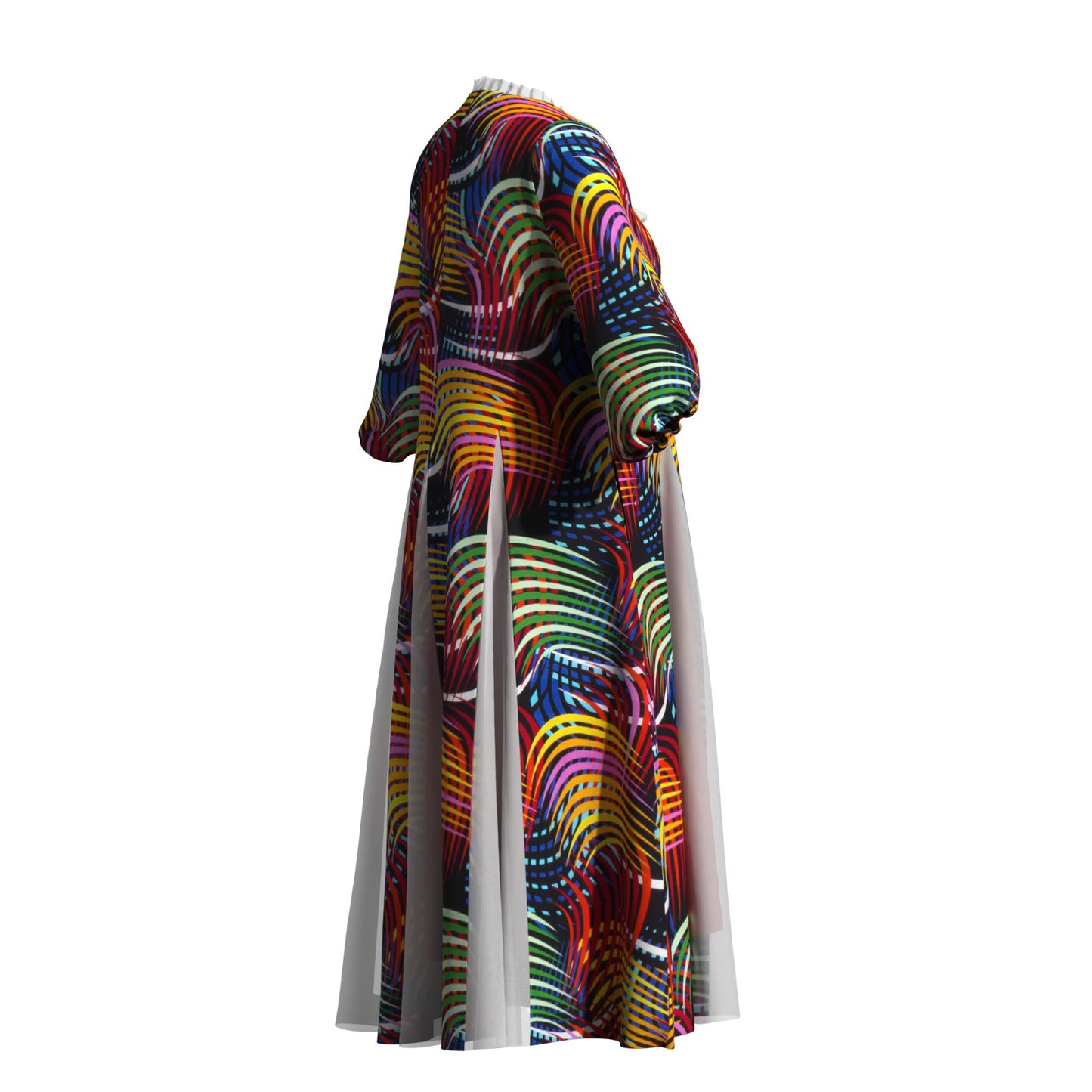 Women Bold Tribal Floral Print V Neck Puff Midi Dress Sheer Panel Split Layer Church Party Outfit