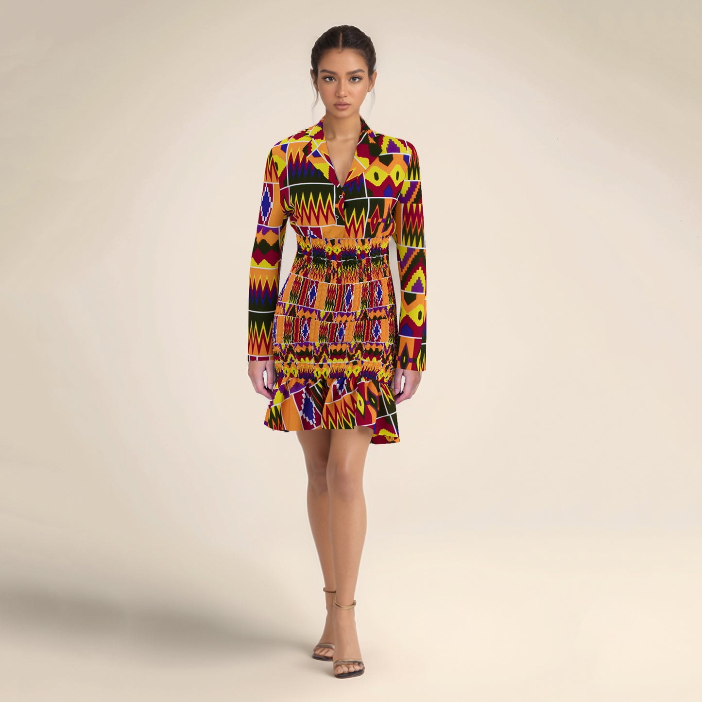 African Print Long Sleeve Shirt Collar Smocked Waist Dress