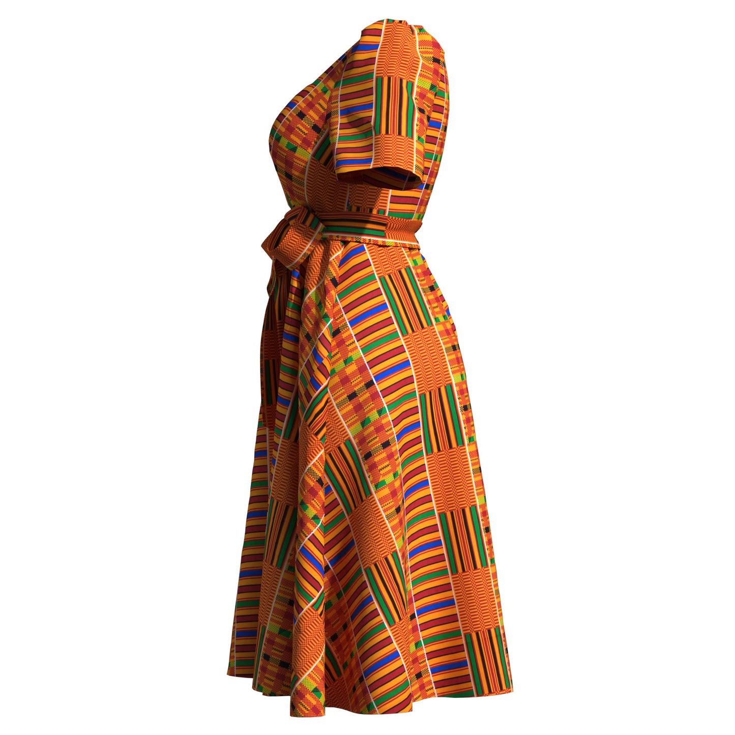Women's African Print Midi Dress Short Sleeve & Belted Waist A-Line Ankara Fashion Dress