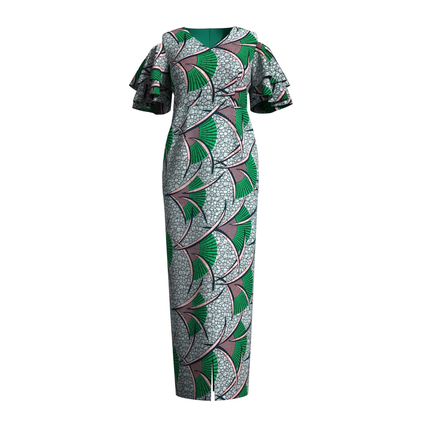 African Print Cold Shoulder Maxi Dress with Ruffle Sleeves