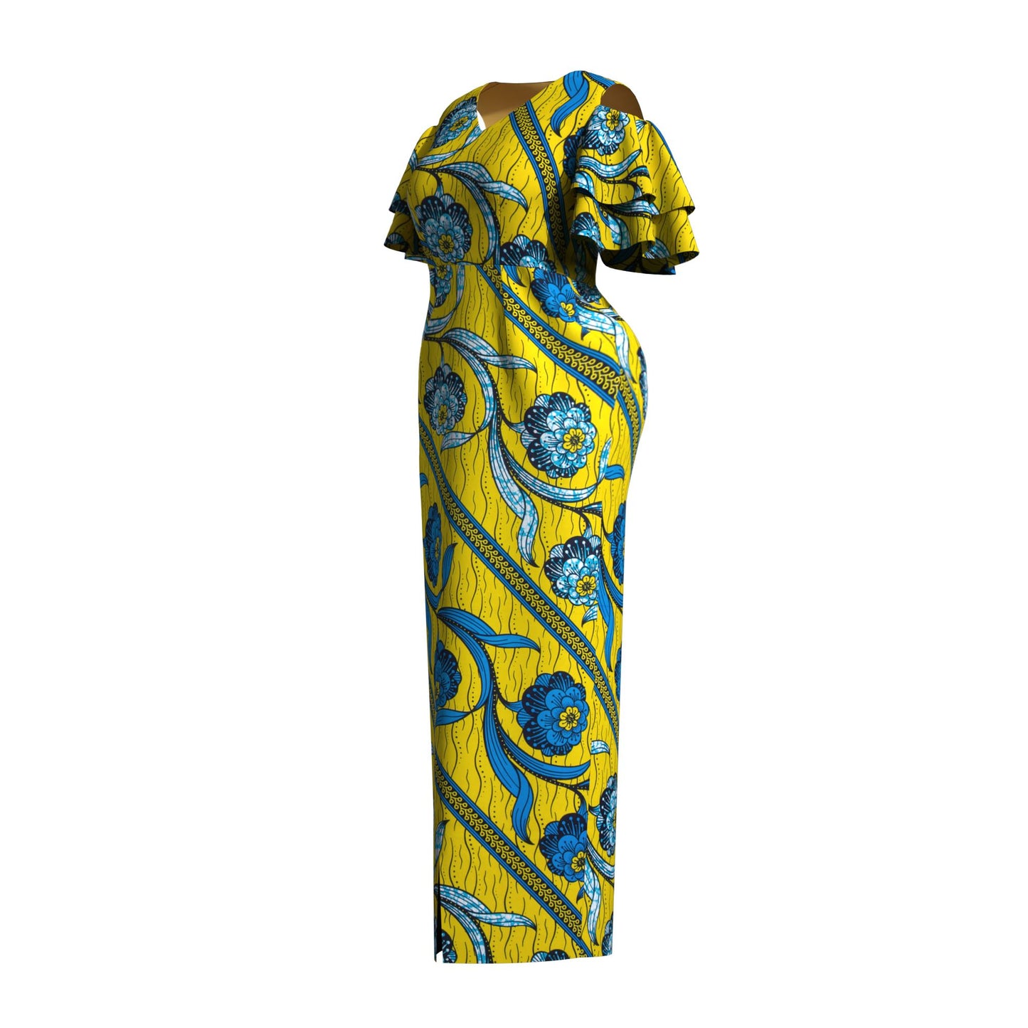 African Print Cold Shoulder Maxi Dress with Ruffle Sleeves
