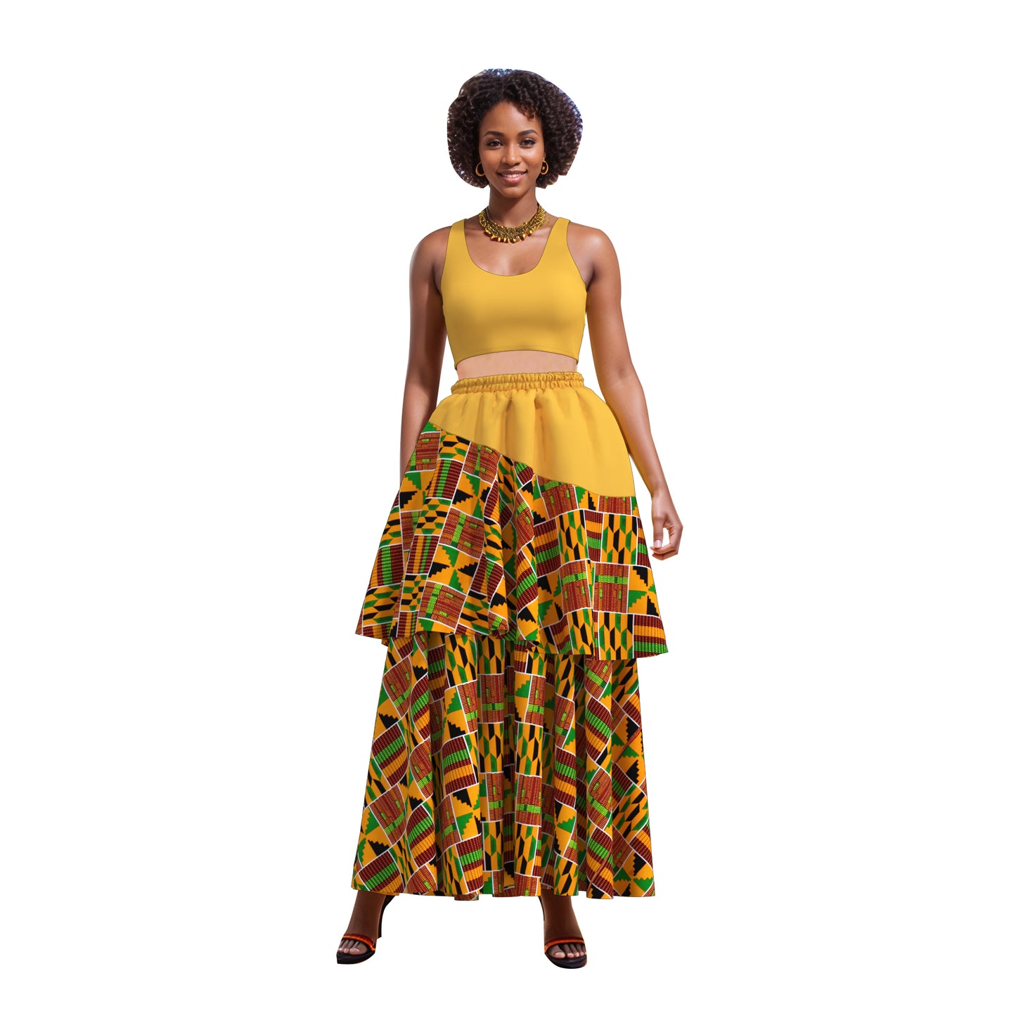 African Print Color Block Tiered Maxi Skirt