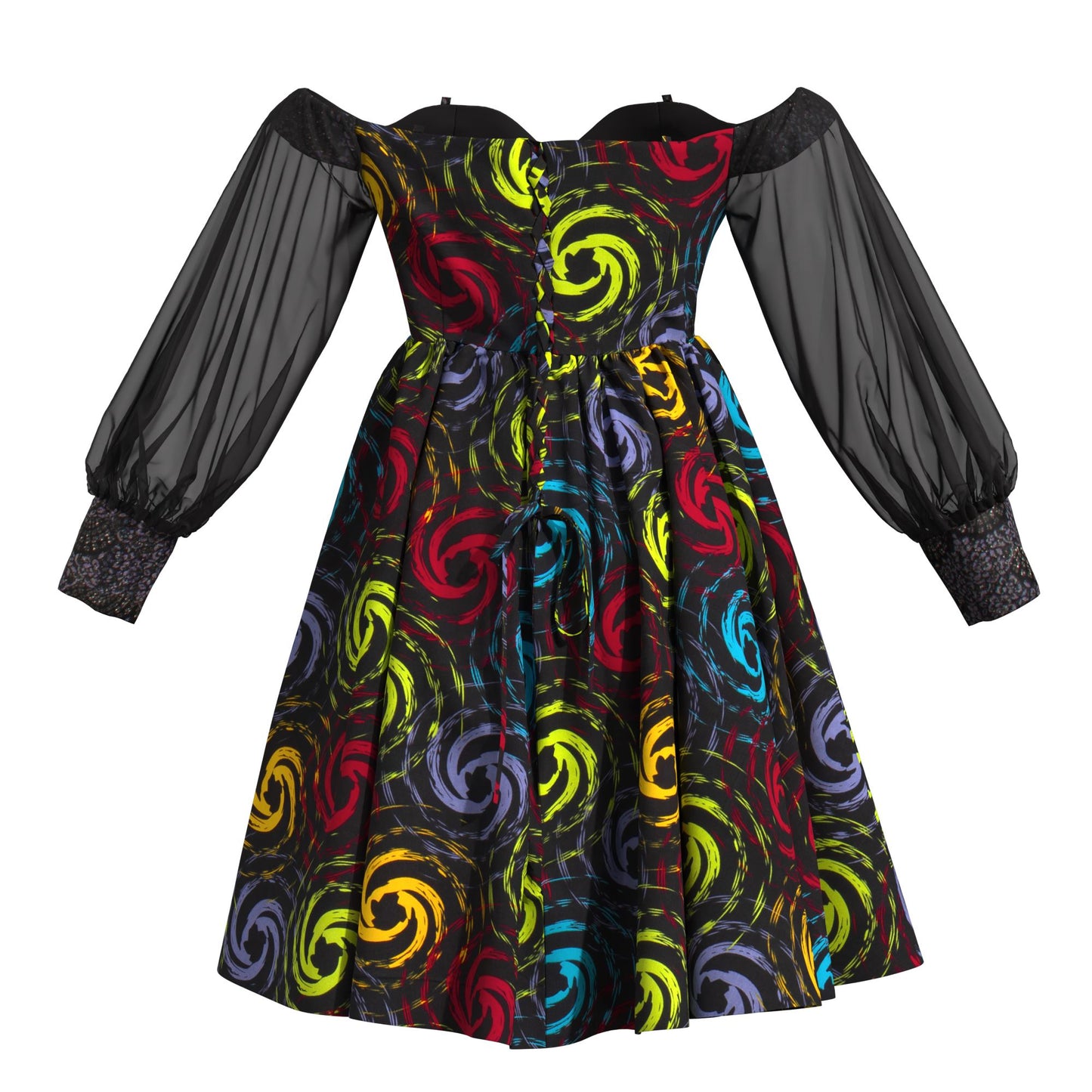 African Print Sequin Off Shoulder Mesh Sleeve A-Line Dress