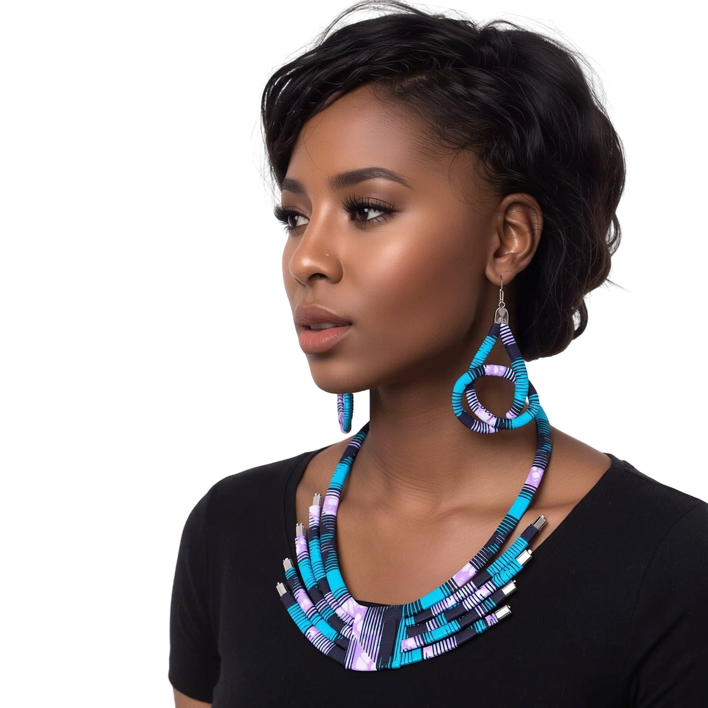 African Stripe Printed Fabric Necklace & Teardrop Earring Matching Jewelry Set Statement Fashion Accessories