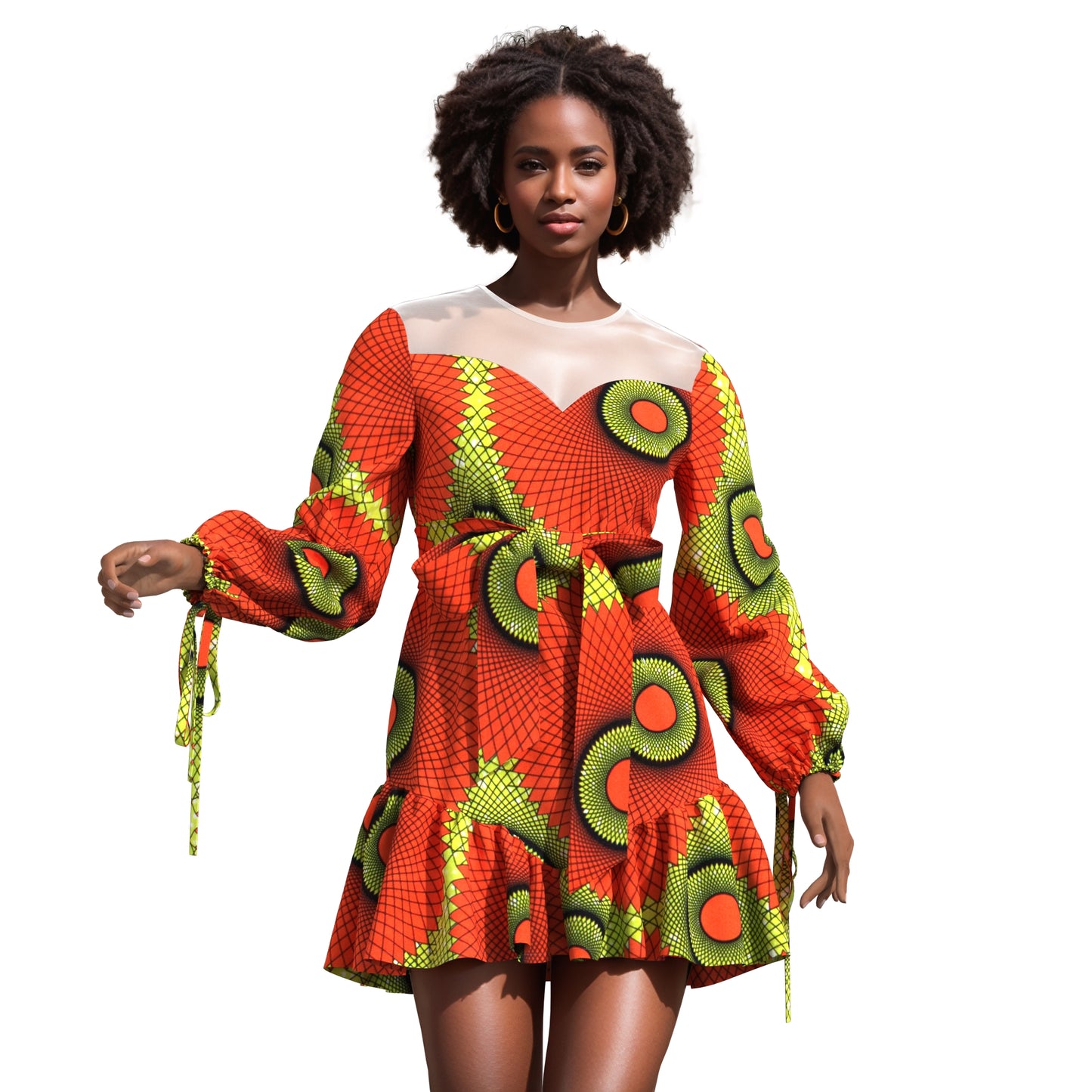 Sheer Mesh Neck African Print Belted Mini Dress