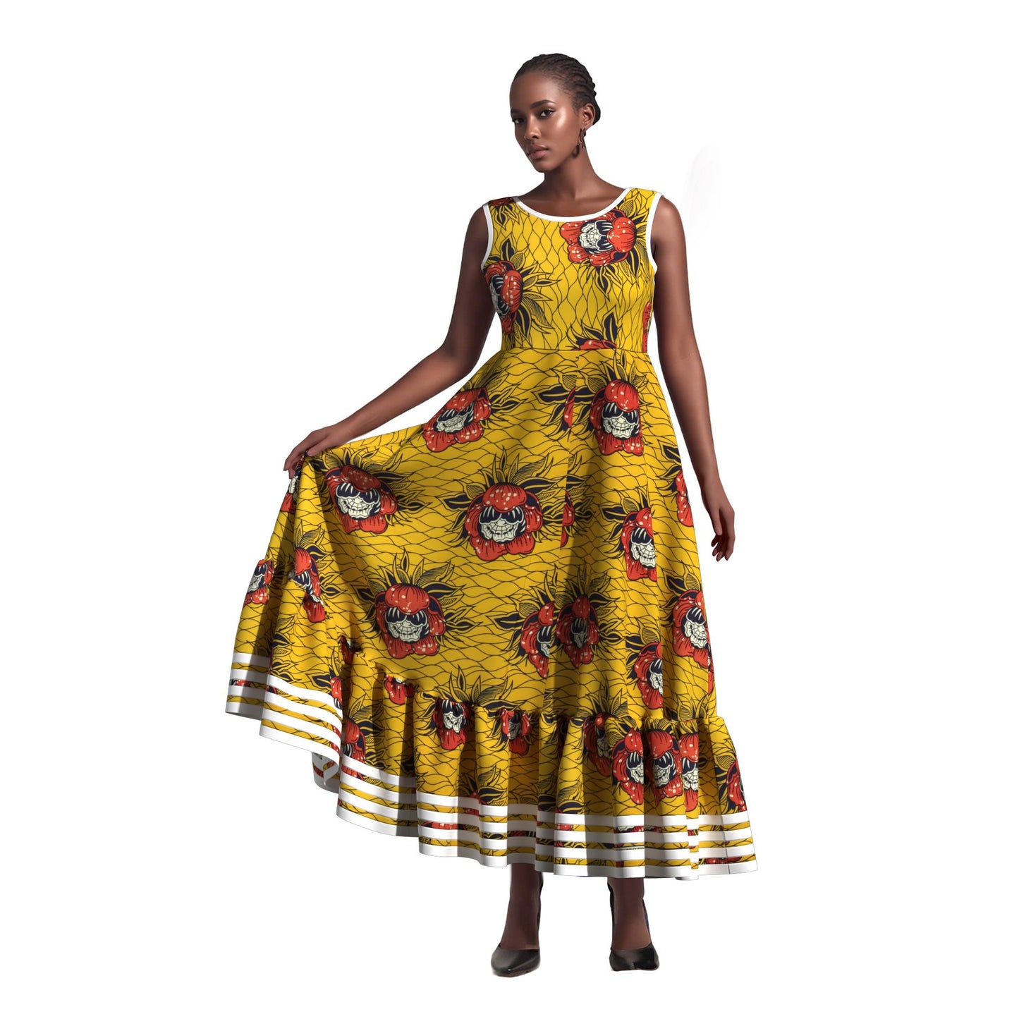 Women Ankara Wax Print Sleeveless Maxi Dress Ruffle Hem Strip Trim African Flared Long Occasion Gown