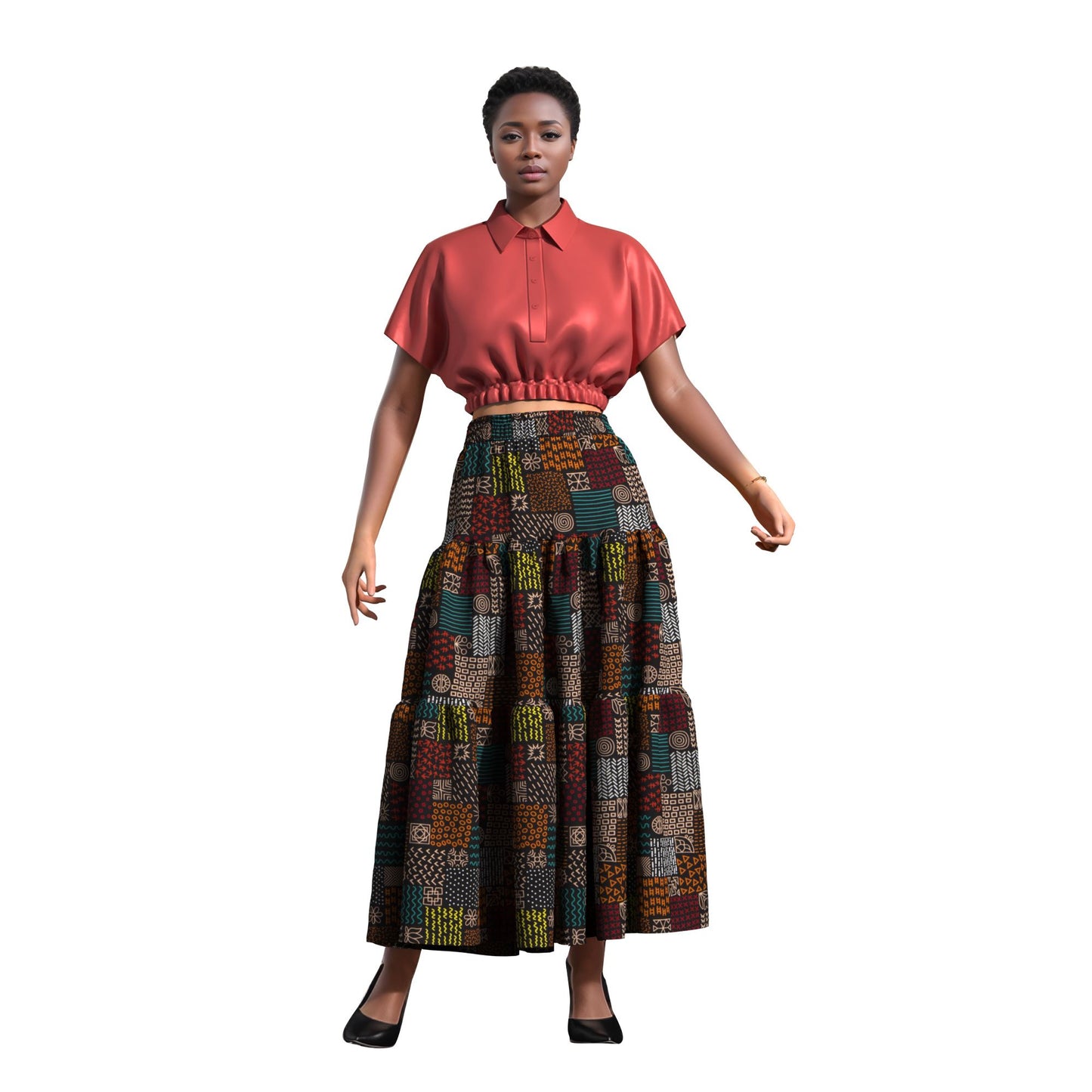 Ankara Print High Waist Tiered Ruffle Maxi Skirt