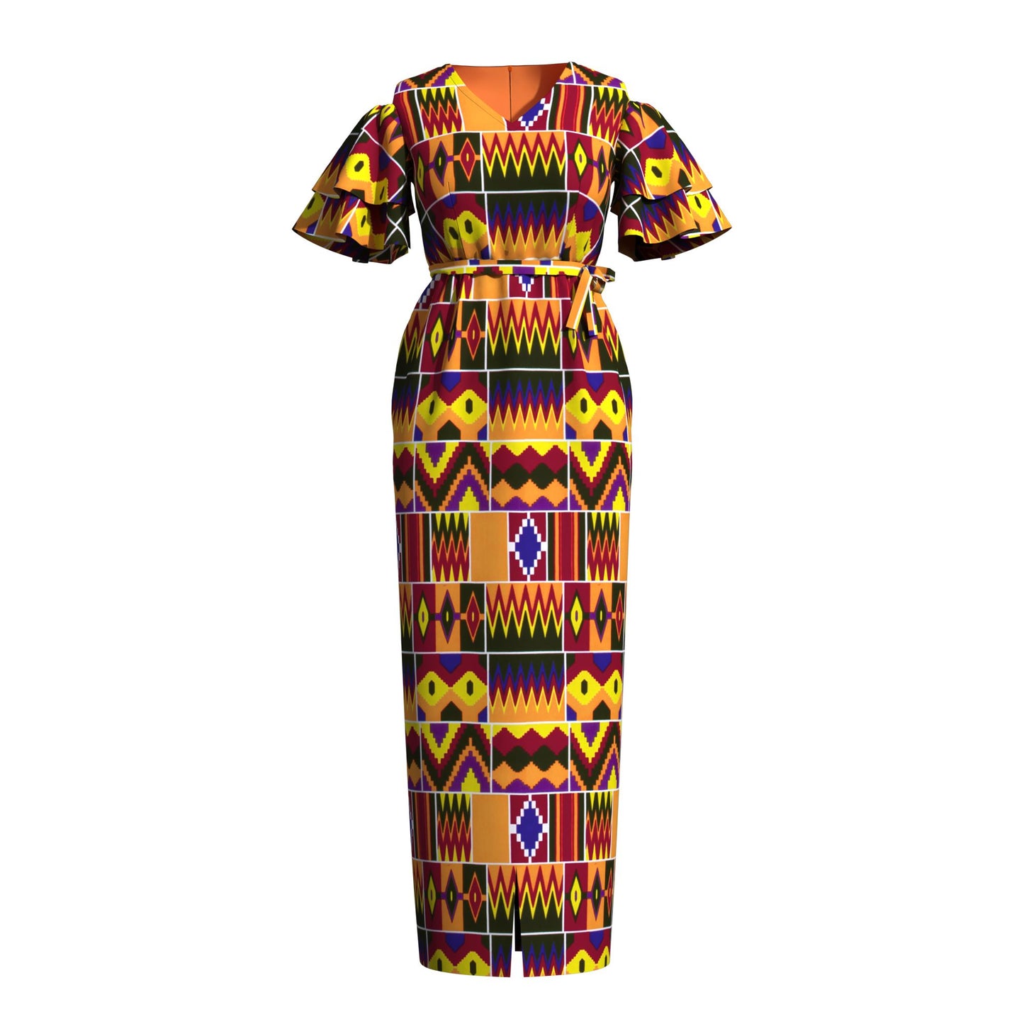 African Print Cold Shoulder Maxi Dress with Ruffle Sleeves