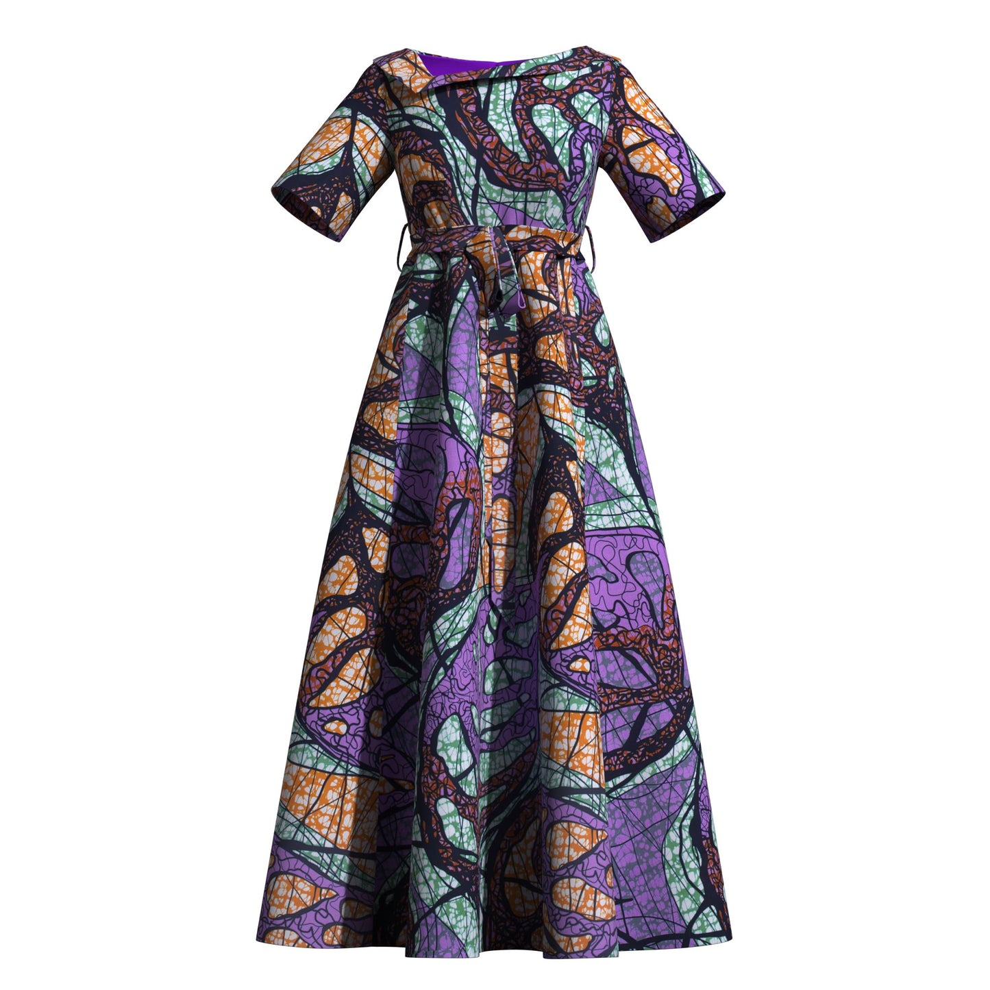 nkara Print Asymmetric Collar Short Sleeve Waist Tie Long Dress