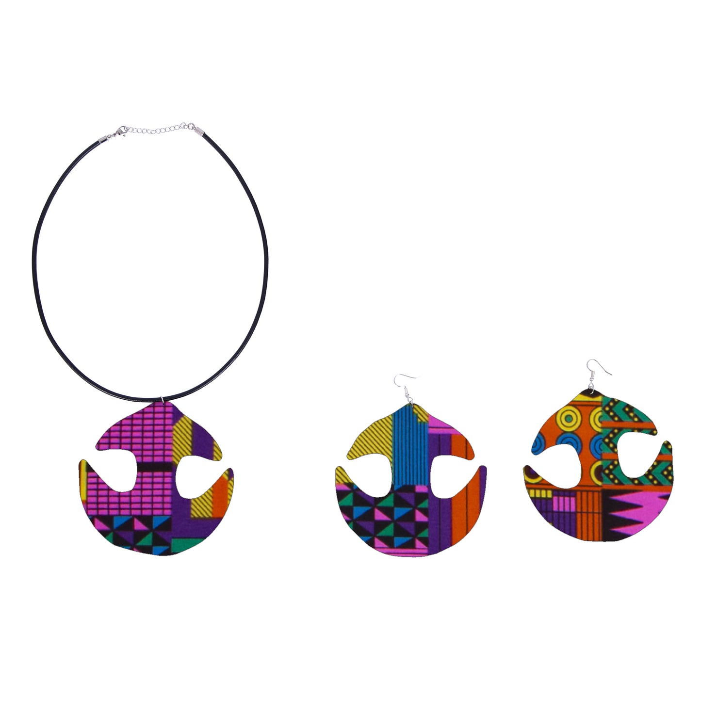 Women African Ethnic Print Cutout Pendant Necklace & Matching Drop Earring Jewelry Set Fashion Accessories