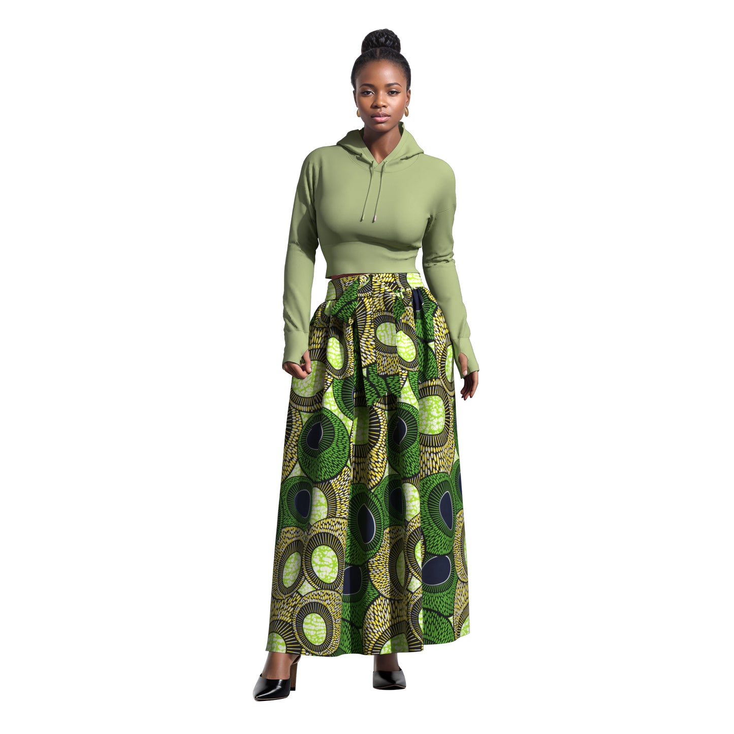 African Print Elastic Waist A-Line Skirt with Matching Belt