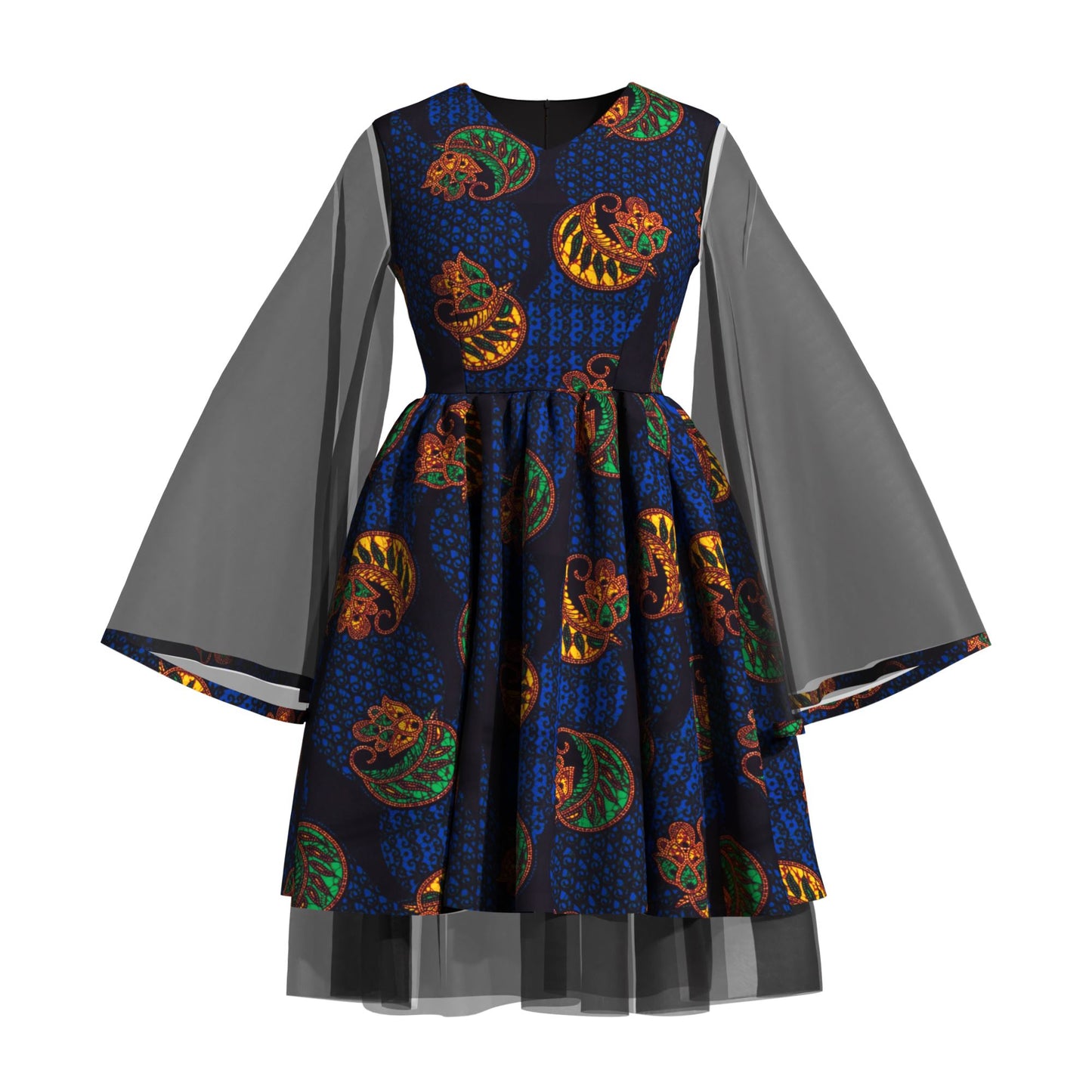 Ethnic African Floral Print Sheer Mesh Flare Sleeve Dress