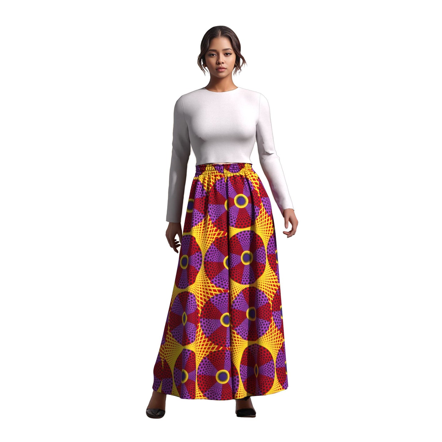 African Print Flowy Palazzo Pants, High Waist Elastic Waist Wide Leg Trousers
