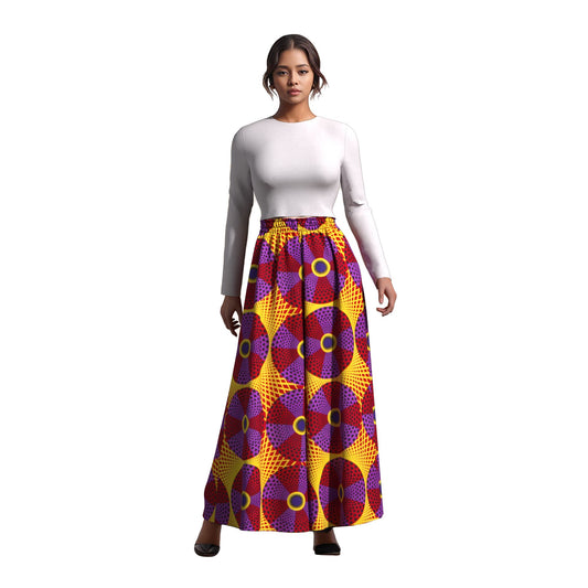 African Print Flowy Palazzo Pants, High Waist Elastic Waist Wide Leg Trousers