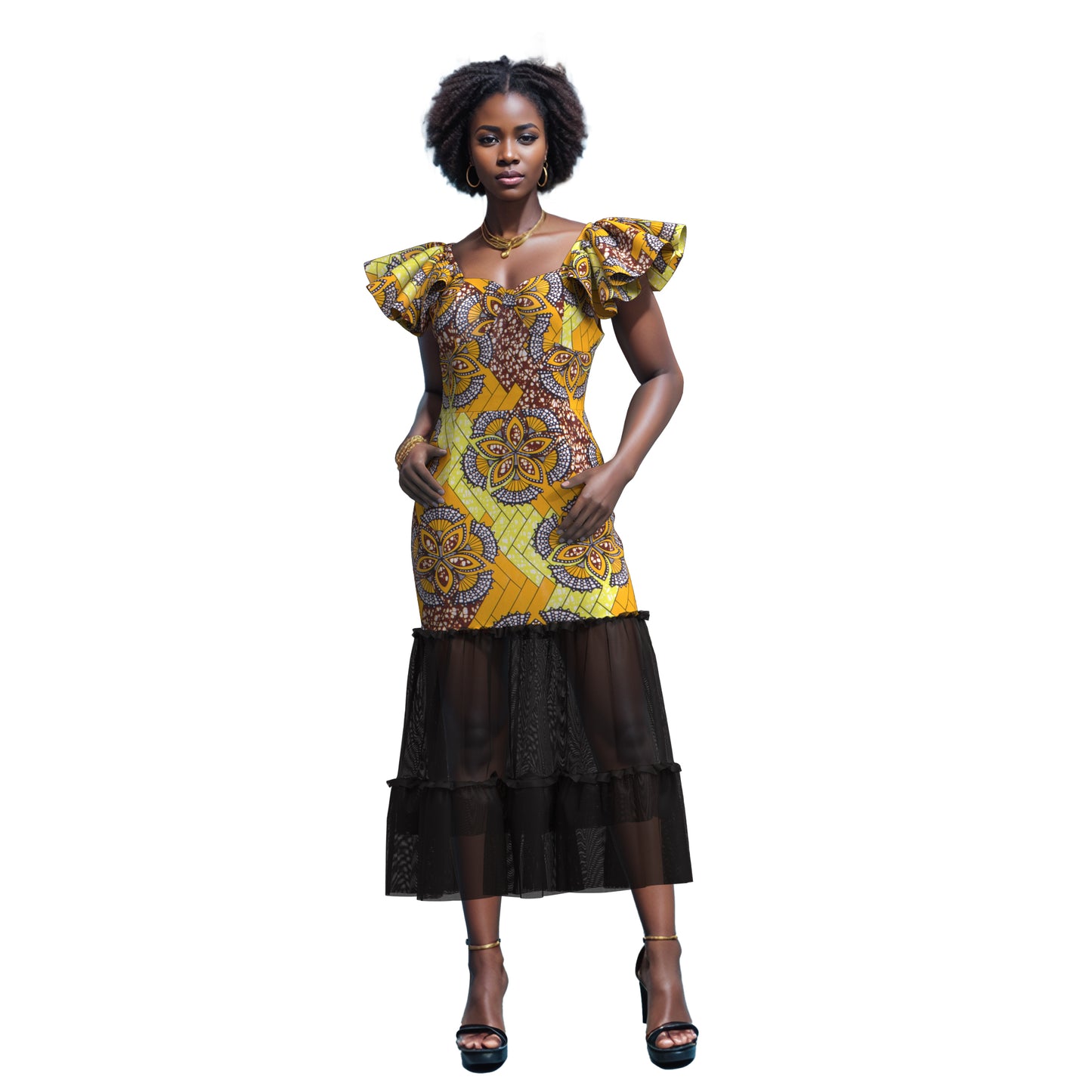 African Ankara Print Ruffle Sleeve Mermaid Dress with Sheer Mesh Hem